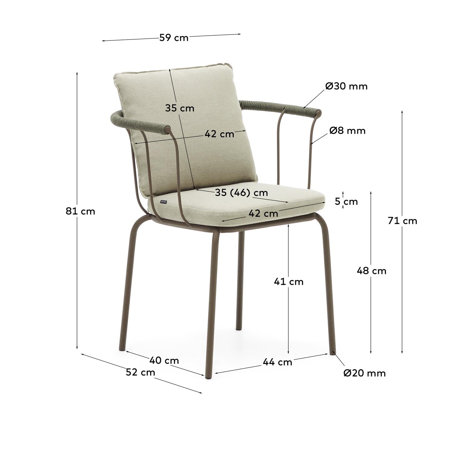 Salguer stapelbarer Stuhl von Kave Home: Eleganter, wetterfester Stuhl aus Seil und Stahl in Braun, ideal für entspannte Stunden im Freien.