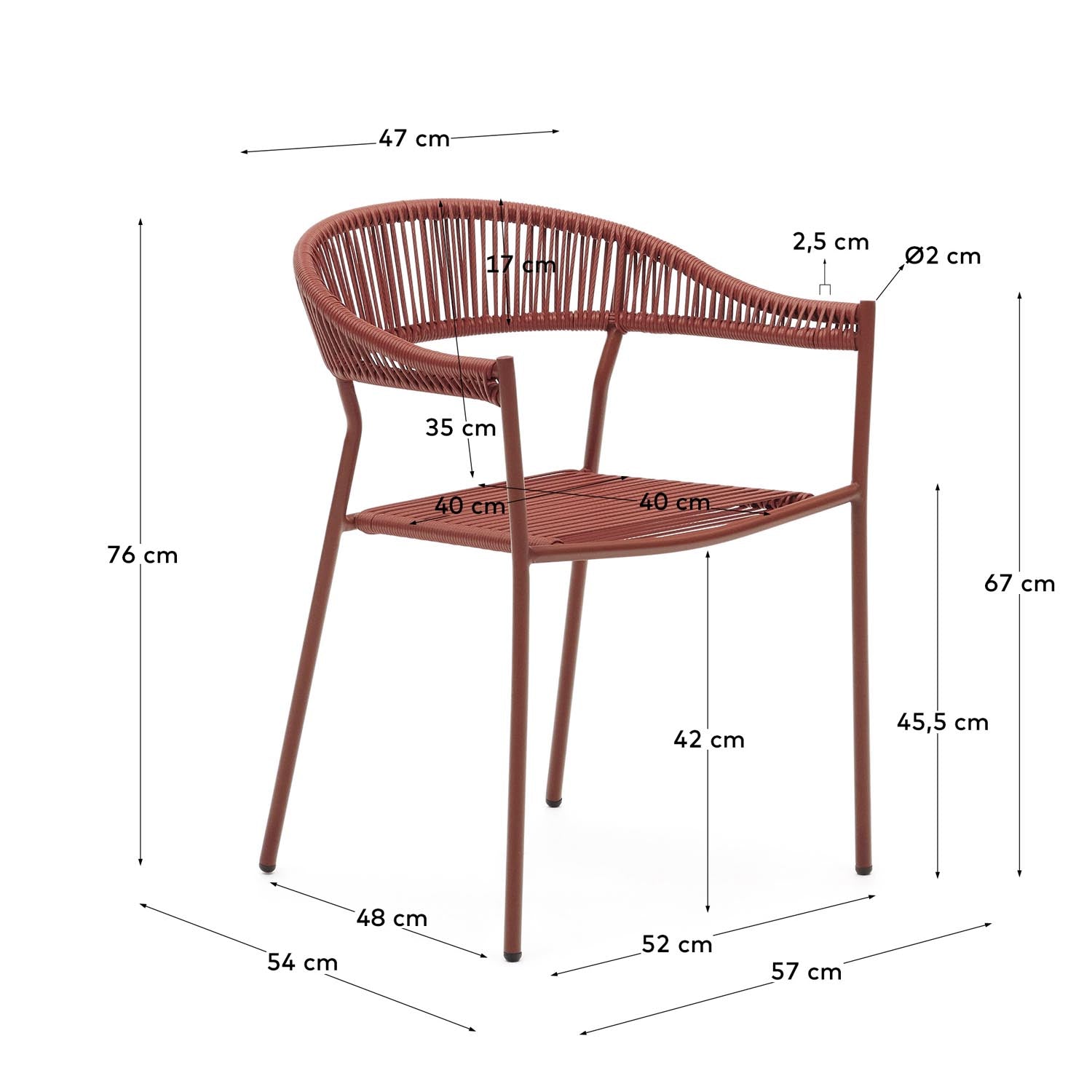 Futadera stapelbarer Gartenstuhl aus Kunststoffseil in Terrakotta und Stahl mit Finish in  in Terrakotta präsentiert im Onlineshop von KAQTU Design AG. Gartenstuhl mit Armlehnen ist von Kave Home