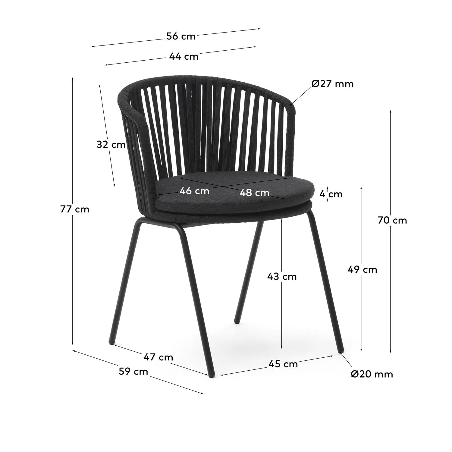 Eleganter Saconca Stuhl: Robustes Seil & Stahl für stilvolle Gärten.