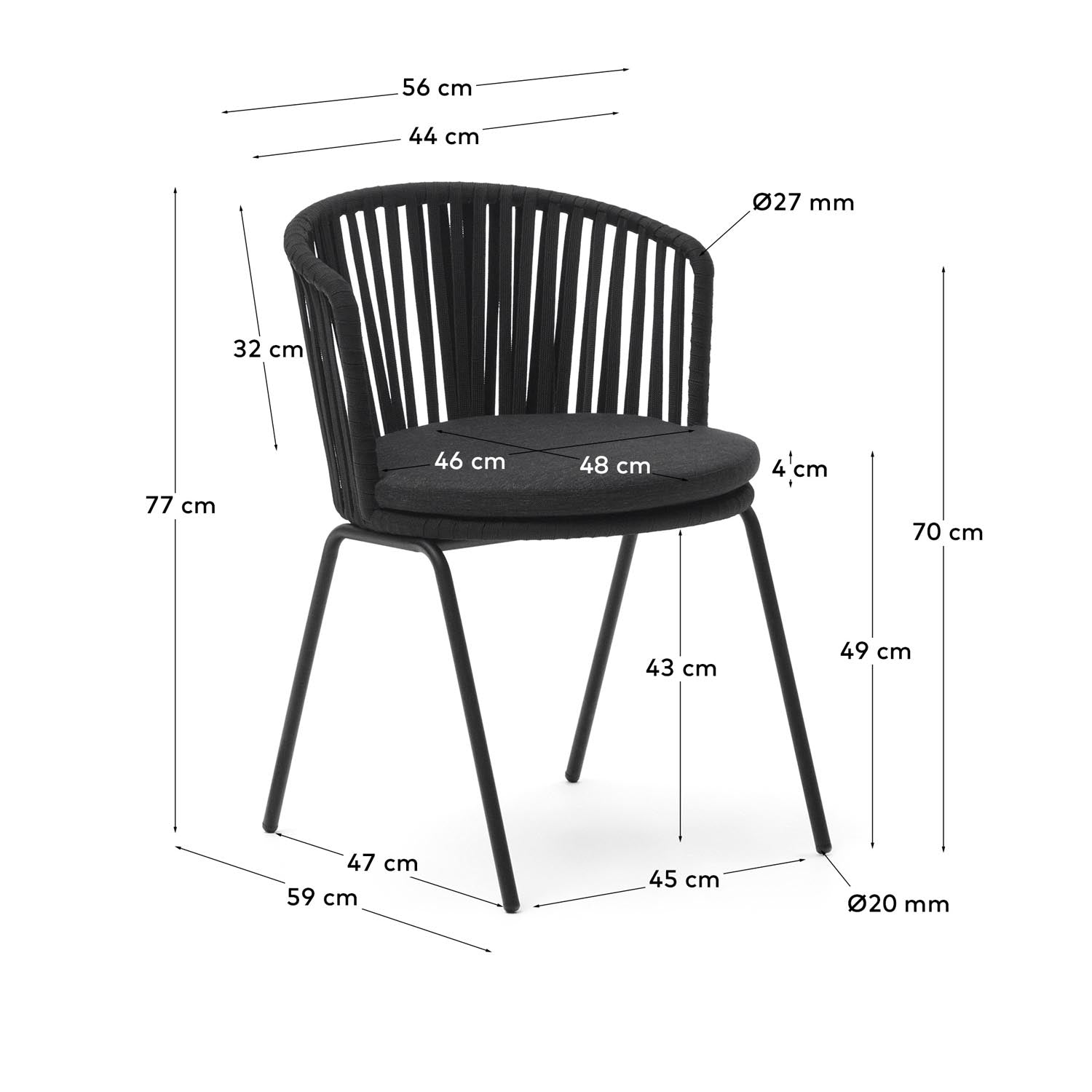 Saconca Outdoor Stuhl: Stilvoller Gartenstuhl aus wetterfestem Seil und robustem Stahl in elegantem Schwarz für höchsten Komfort im Freien.