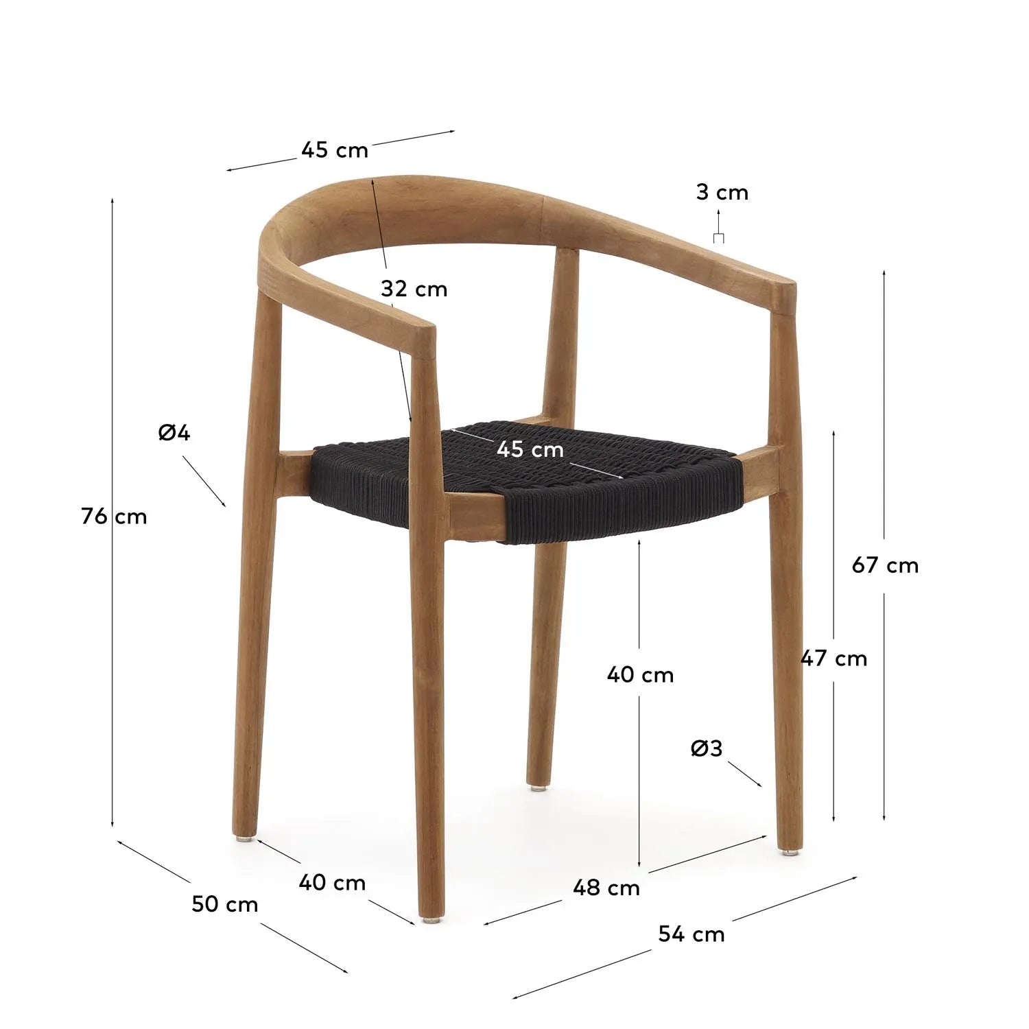 Ydalia Outdoor-Stuhl: Teakholz & schwarzes Seil, stapelbar, Kave Home.