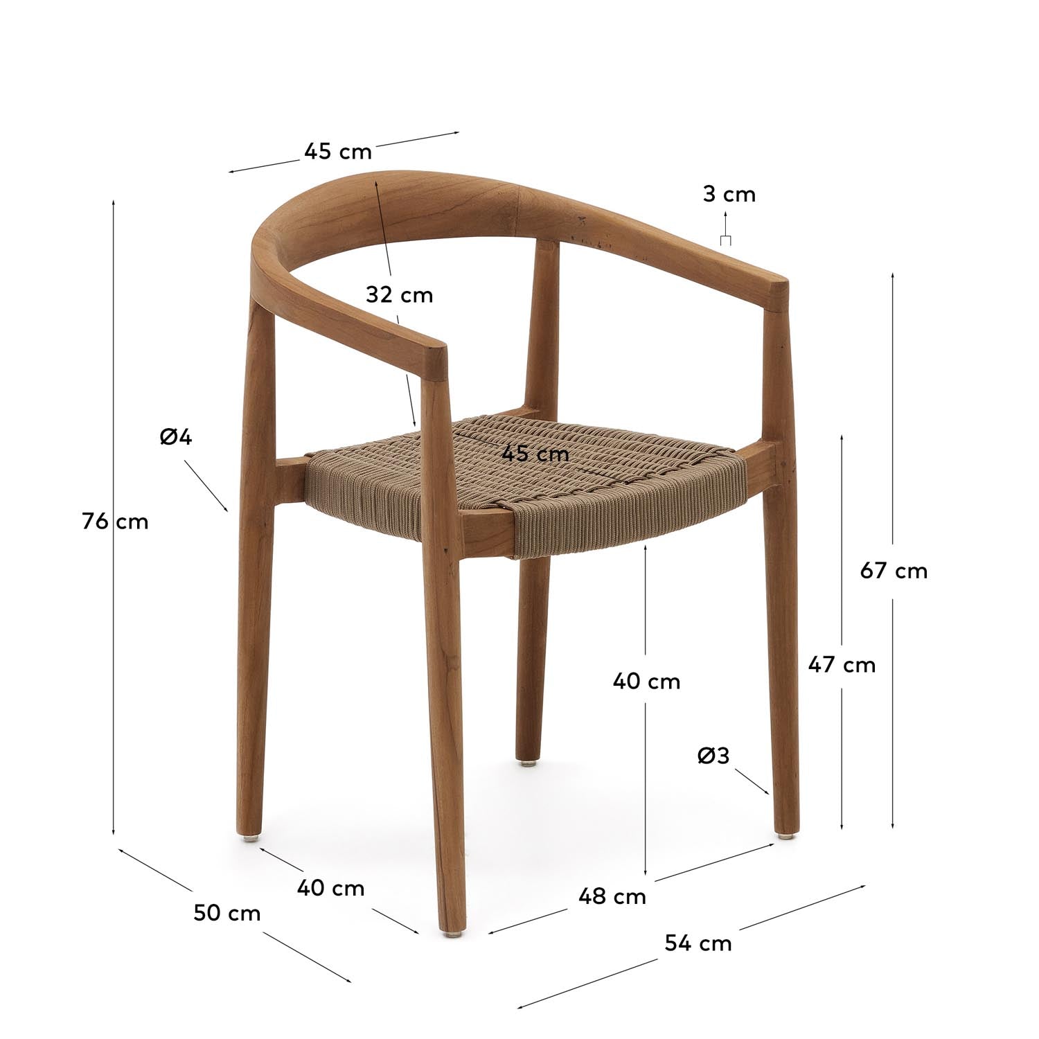 Ydalia stapelbarer Outdoor-Stuhl massives Teakholz natürliches Finish beiges Seil in Natur, Beige präsentiert im Onlineshop von KAQTU Design AG. Gartenstuhl mit Armlehnen ist von Kave Home