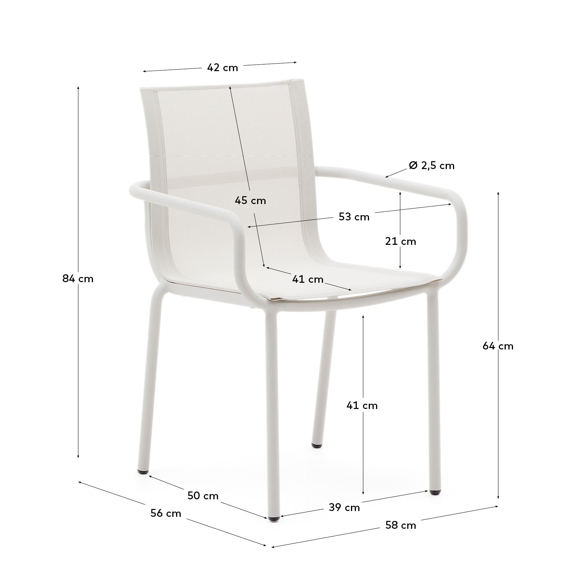 Eleganter, stapelbarer Gartenstuhl aus Aluminium mit hellgrauem Finish, ideal für stilvolle und platzsparende Außenbereiche.