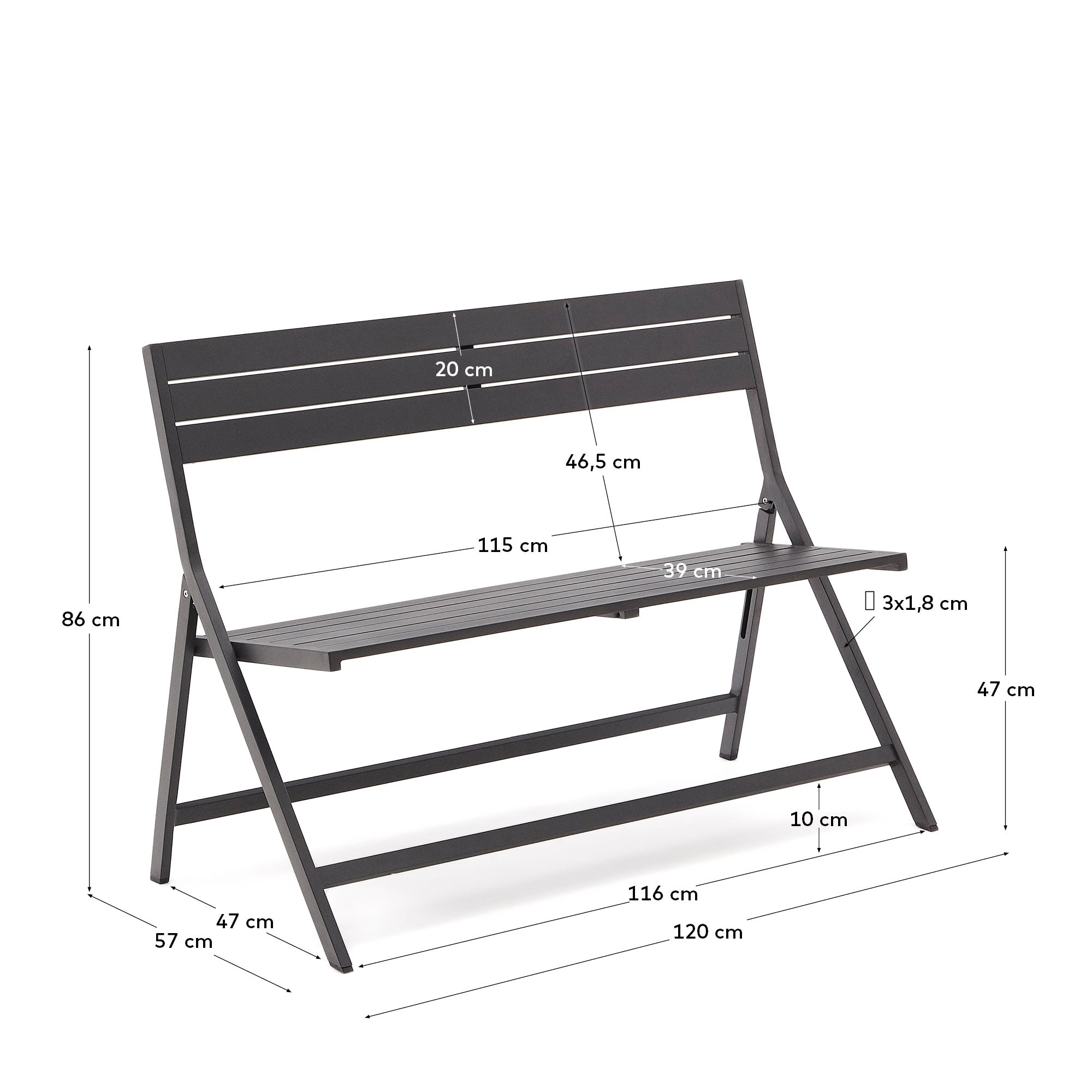 Elegante, faltbare Gartenbank aus Aluminium mit dunkelgrauem Finish, ideal für stilvolle und platzsparende Außenbereiche.