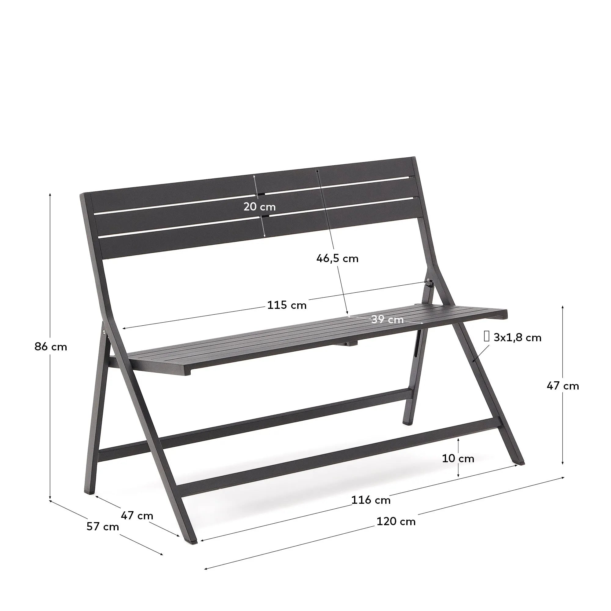 Faltbare Gartenbank Torreta aus Aluminium, dunkelgrau, modernes Design, robust und platzsparend, perfekt für Garten und Terrasse.