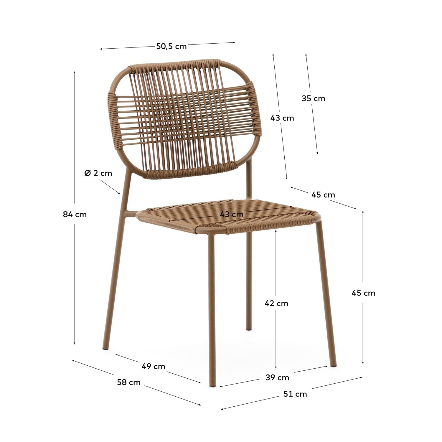 Talaier Outdoor Stuhl: Wetterfest, stapelbar und elegant. Perfekt für Garten und Balkon, mit pflegeleichter Sitzfläche aus synthetischem Seil.