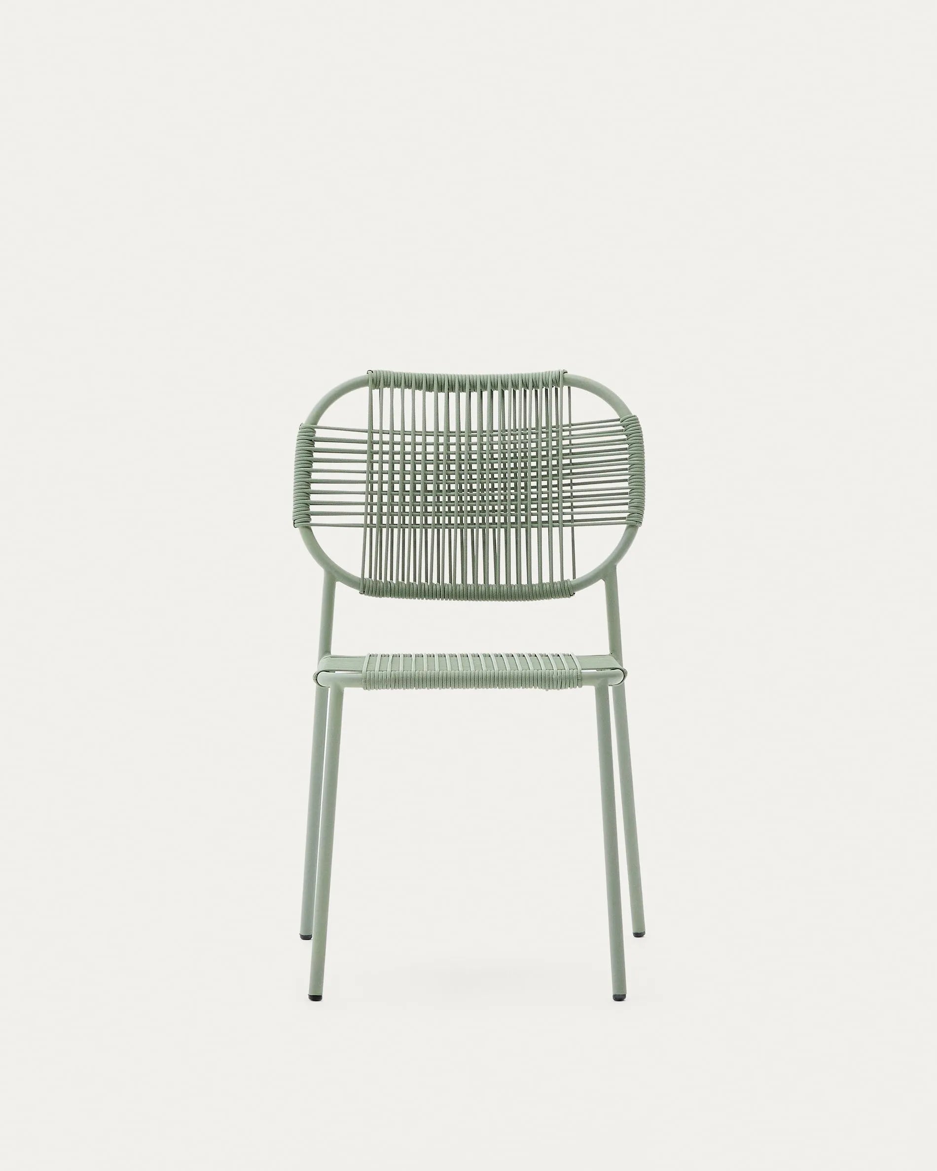 Moderner Outdoor-Stuhl mit türkisfarbenem Seil und verzinktem Stahl, stapelbar, ideal für Garten oder Terrasse, robust und stilvoll.