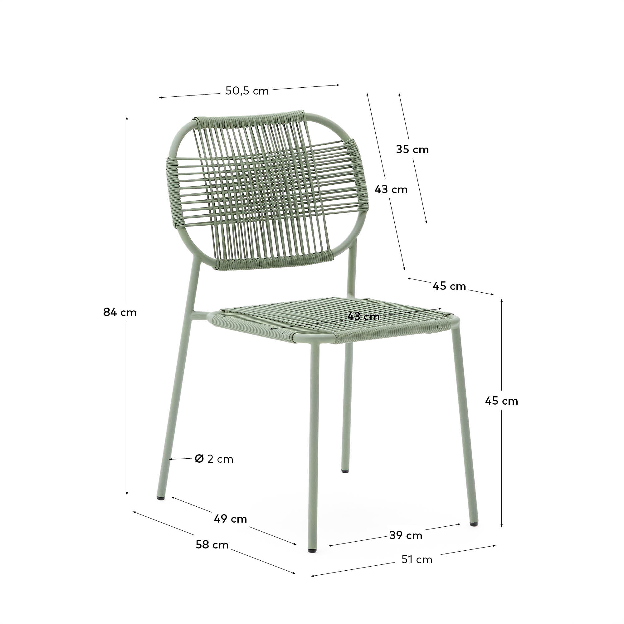 Stapelbarer Outdoor-Stuhl mit türkisfarbener Seilbespannung und verzinktem Stahlrahmen, ideal für kleine Terrassen.