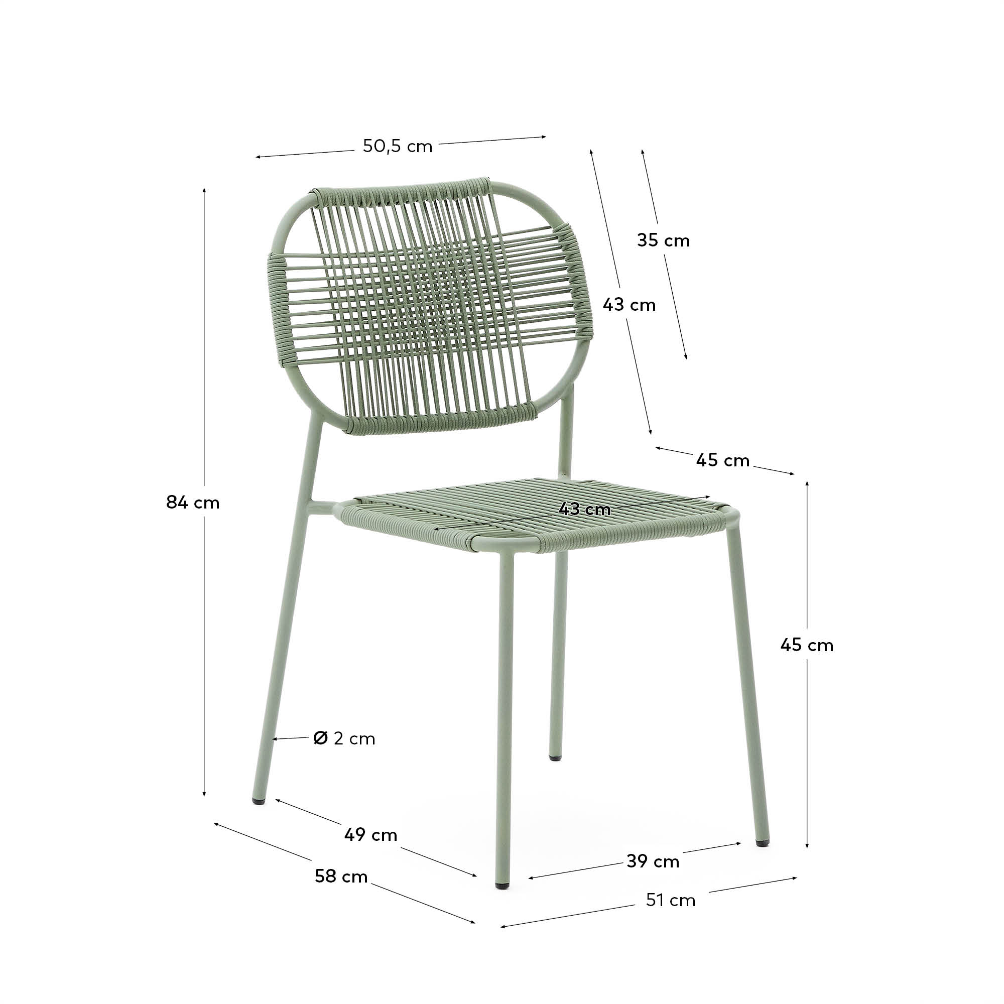 Stapelbarer Outdoor-Stuhl mit türkisfarbenem Seil und verzinktem Stahl, perfekt für Garten oder Terrasse, modern und langlebig.
