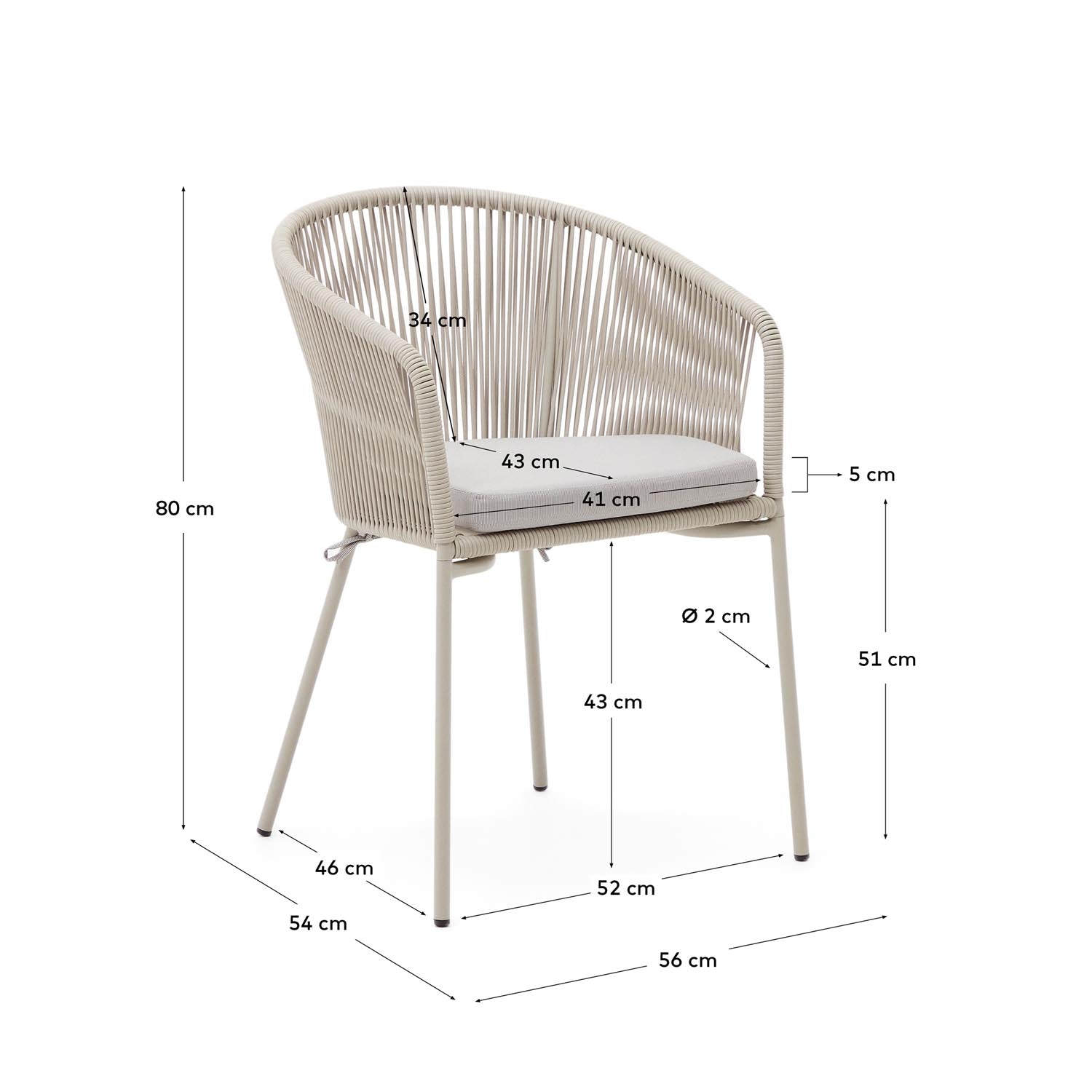 Yanet Stuhl aus synthetischem Seil in Ecru und Beine aus verzinktem Stahl in Ecru präsentiert im Onlineshop von KAQTU Design AG. Gartenstuhl mit Armlehnen ist von Kave Home