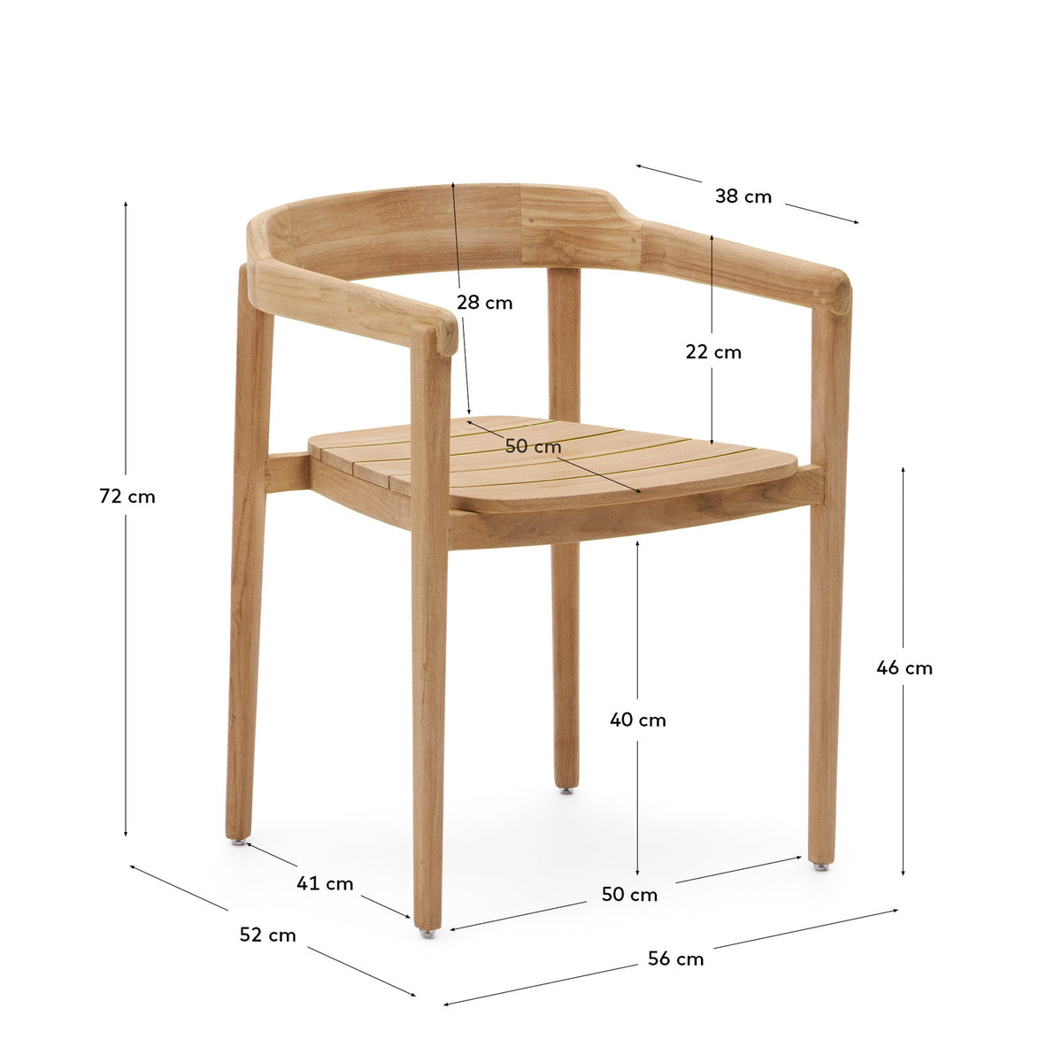 Stapelbarer Stuhl Icaro aus massivem Teakholz mit natürlichem Finish FSC 100% in Natur präsentiert im Onlineshop von KAQTU Design AG. Gartenstuhl mit Armlehnen ist von Kave Home