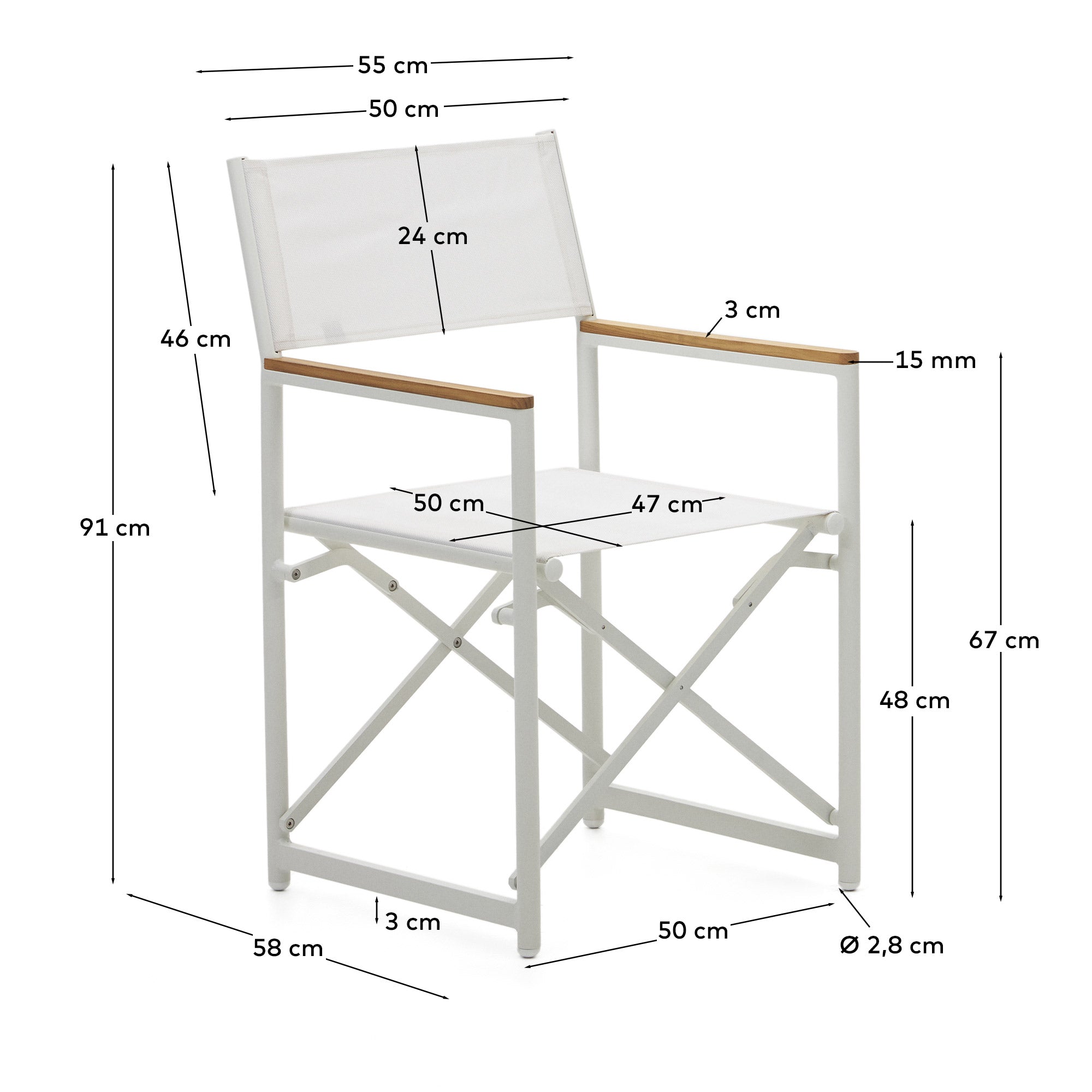 Eleganter Klappstuhl aus wetterfestem Aluminium und Teakholz, ideal für stilvolle Outdoor-Bereiche.