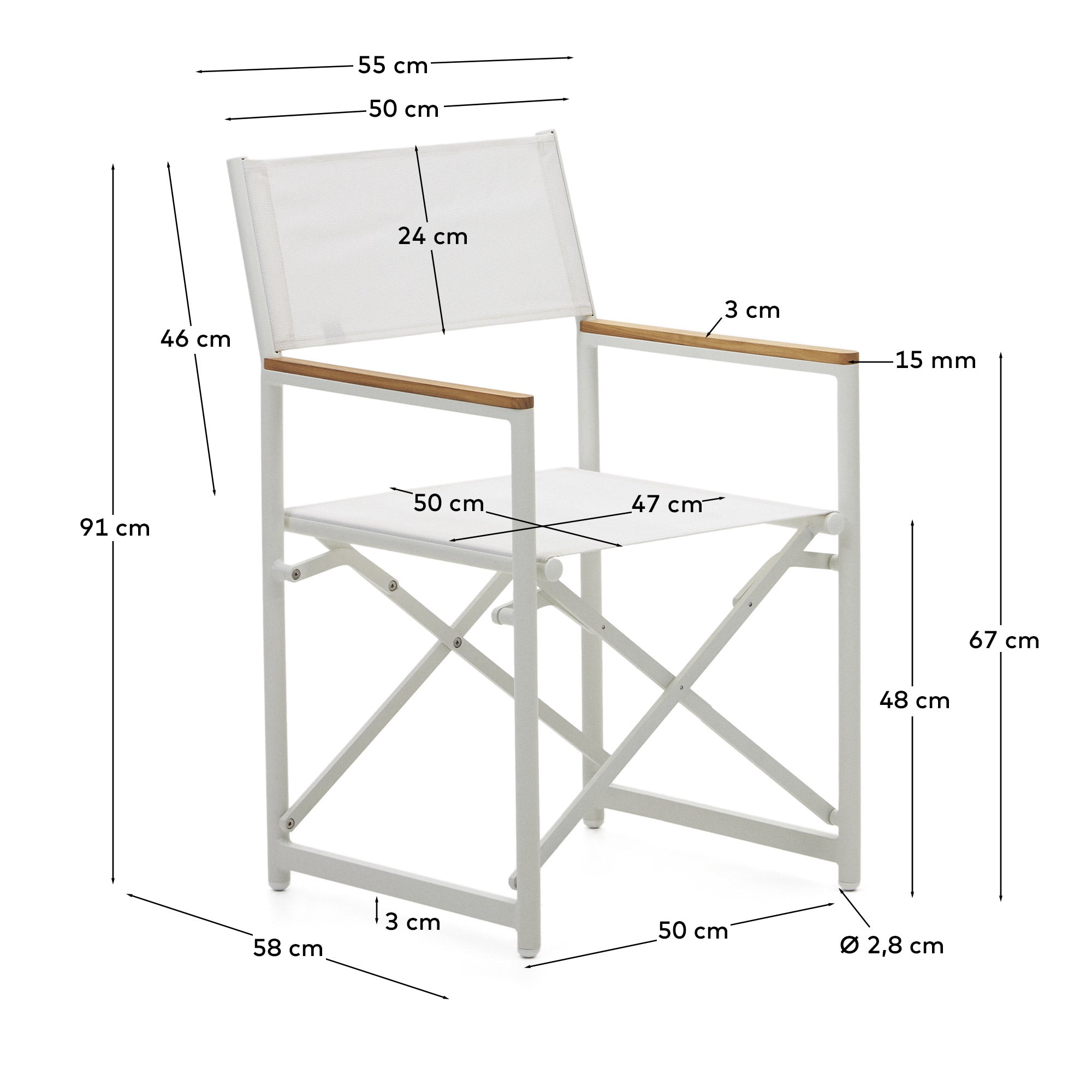 Moderner Llado Klappstuhl aus Aluminium und Teakholz, perfekt für draußen. Wetterfest, langlebig und in elegantem Weiß gestaltet.