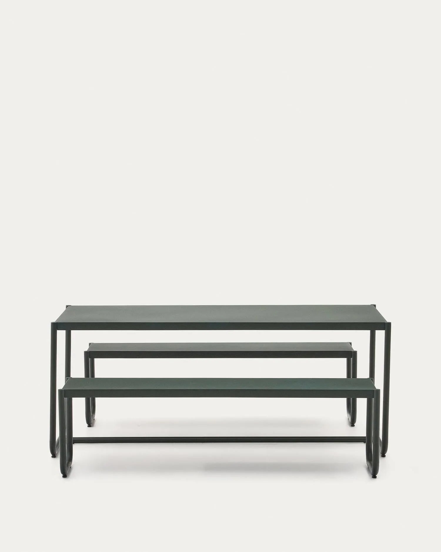 Sotil Set: 2 Bänke und Tisch aus verzinktem Stahl, grün, 183x83 cm, robust und stilvoll, ideal für Garten oder Terrasse.