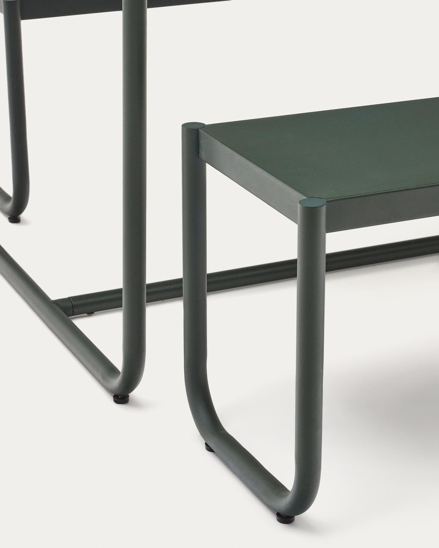 Sotil Set: Tisch und 2 Bänke aus grünem verzinktem Stahl, 183x83 cm, langlebig und elegant, perfekt für Außenbereiche.