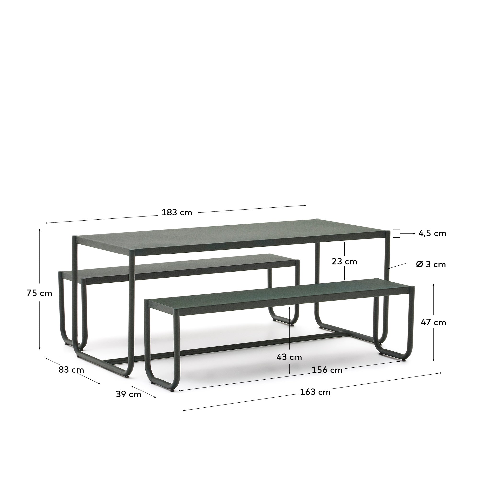 Elegantes Set aus Tisch und 2 Bänken, grün verzinkter Stahl, 183x83 cm, perfekt für moderne Außenbereiche.