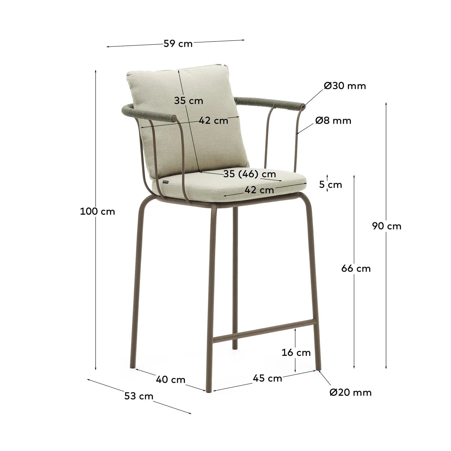 Salguer Hocker: Robustes Seil & Stahl, braun, 66 cm, stapelbar.