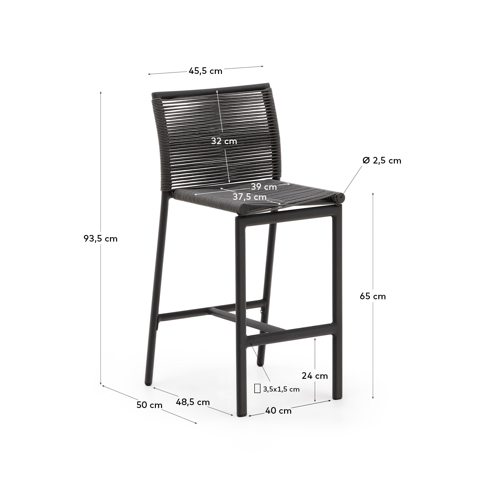 Eleganter Outdoor-Hocker aus grauem Aluminium und wetterfestem Seil, ideal für stilvolle Entspannung im Freien.