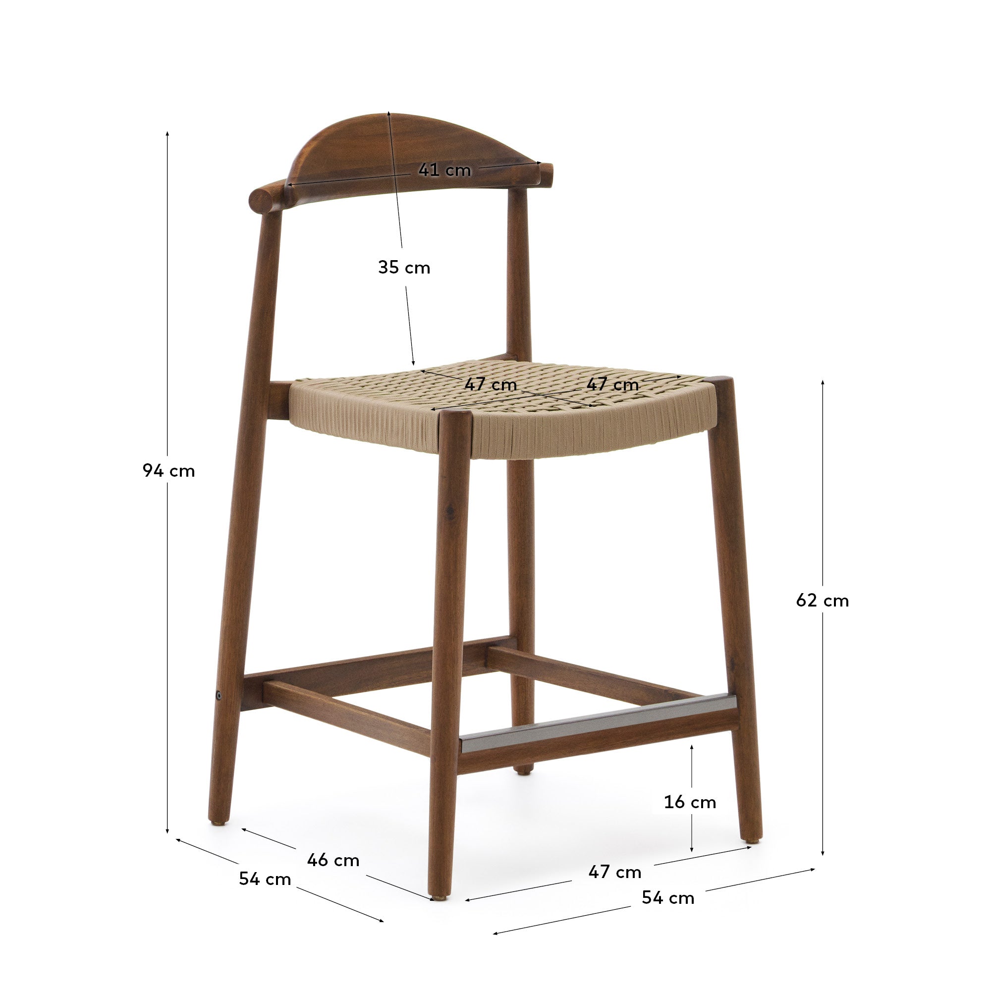 Der Nina Hocker aus Akazienholz mit nussbaumfarbenem Finish und beigem Seilgeflecht vereint Eleganz und Langlebigkeit.