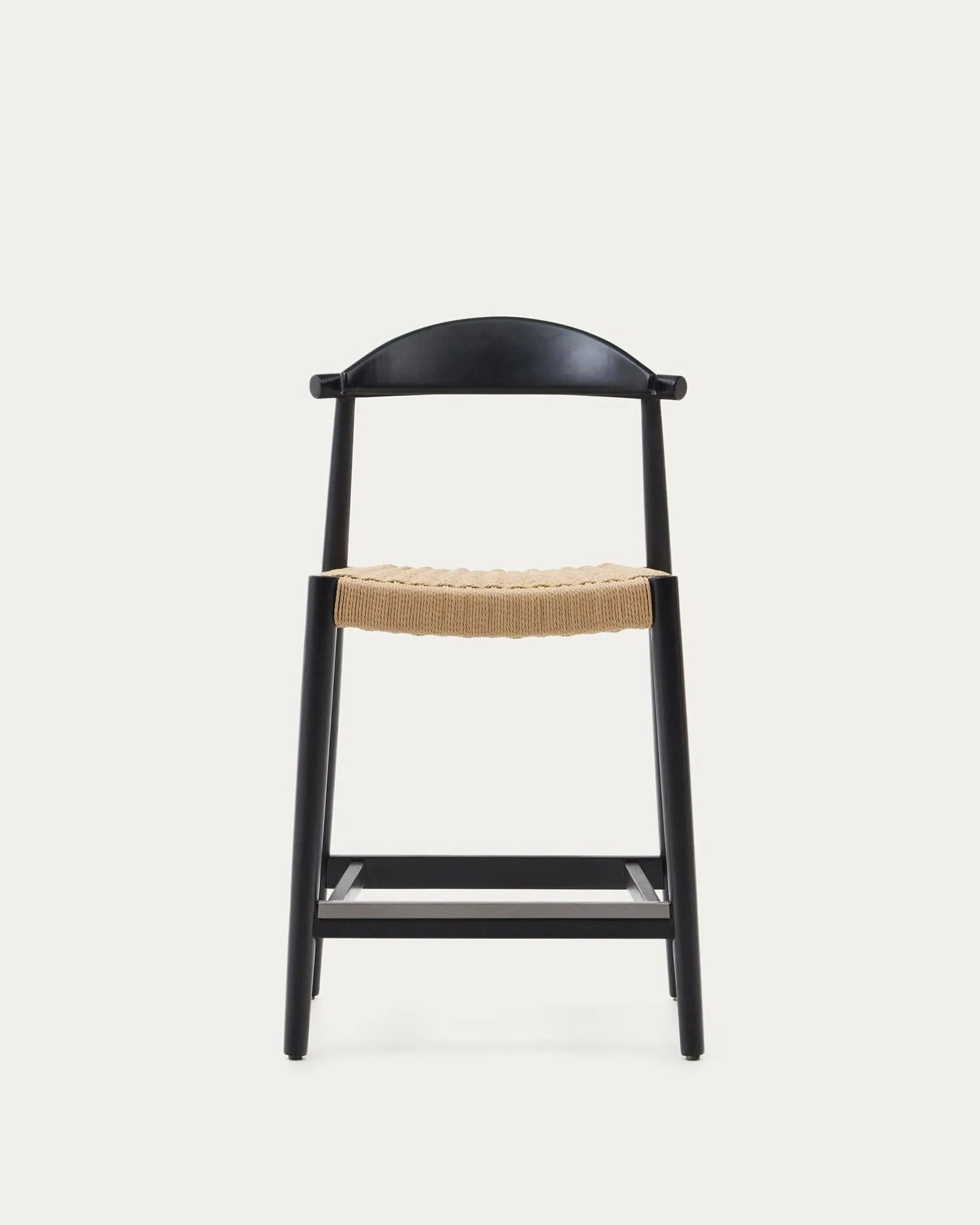 Eleganter Hocker aus FSC-zertifiziertem Akazienholz, schwarzes Finish, beige Seil, 62 cm hoch, perfekt für stilvolles und nachhaltiges Wohnen.