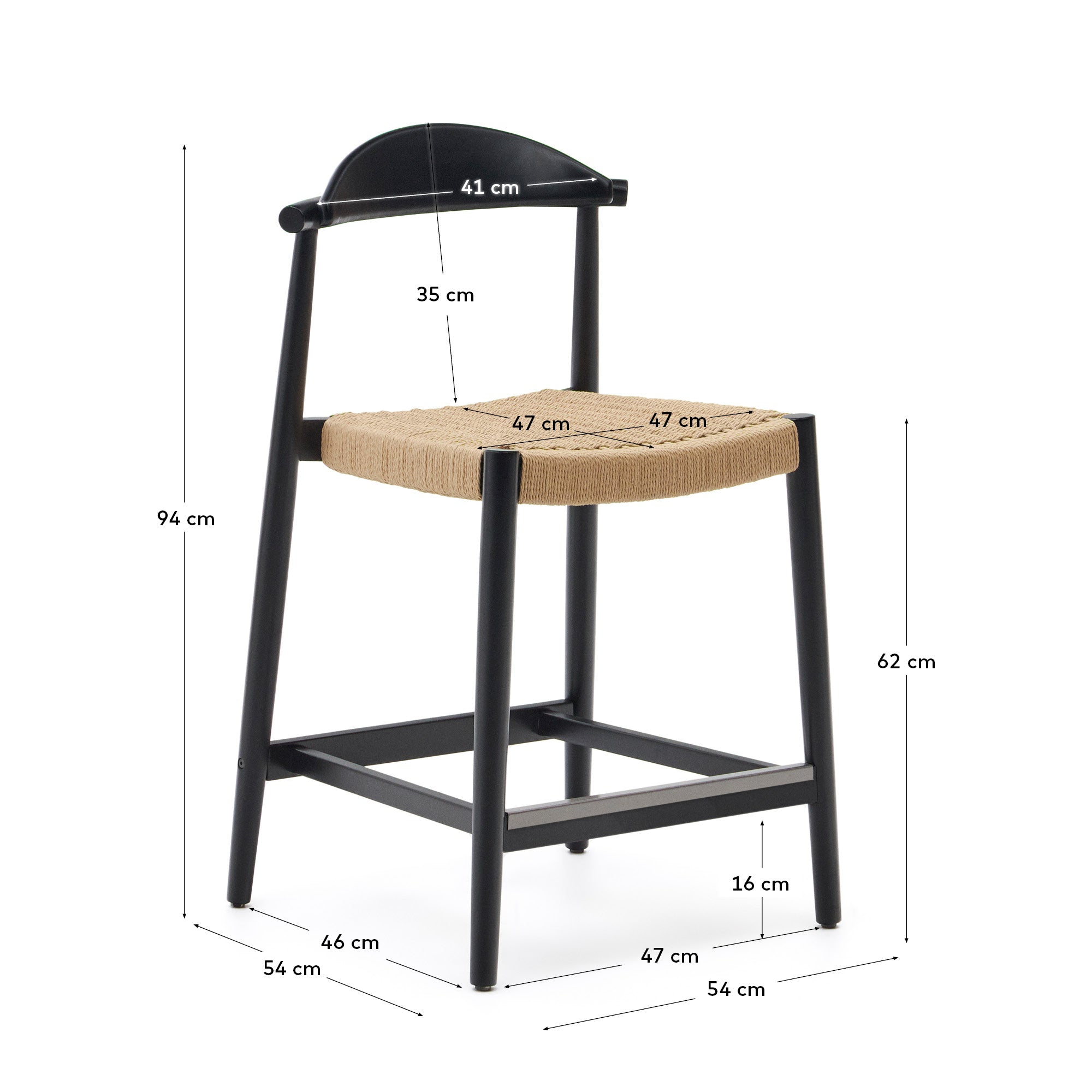 Eleganter Hocker aus Akazienholz mit schwarzem Finish und beigem Seilgeflecht, ideal für stilvolle Außenbereiche.