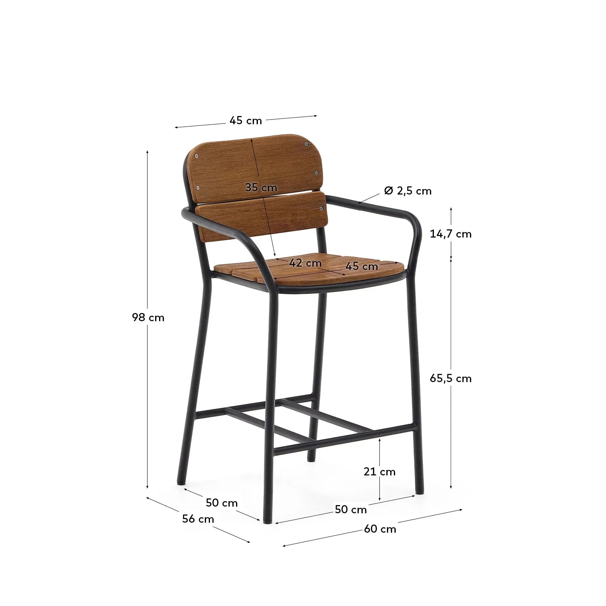 Der Algueret Hocker, 65 cm, aus FSC-zertifiziertem Eukalyptusholz mit Naturfinish und schwarzem Aluminium, modern und umweltfreundlich.