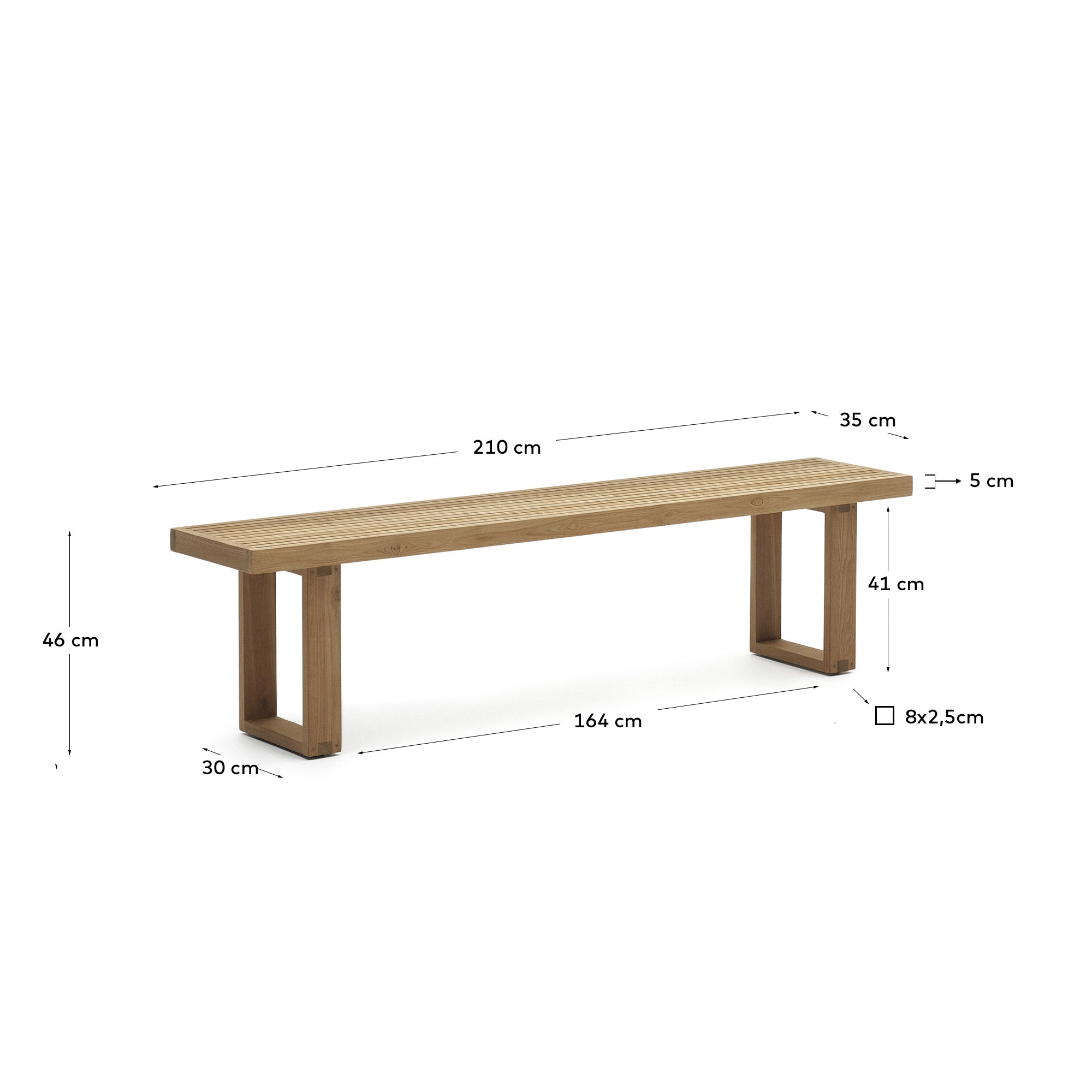 Massive Outdoor-Bank aus recyceltem Teakholz, 210 cm, von Kave Home. Perfekt für Garten oder Terrasse, nachhaltig und robust.