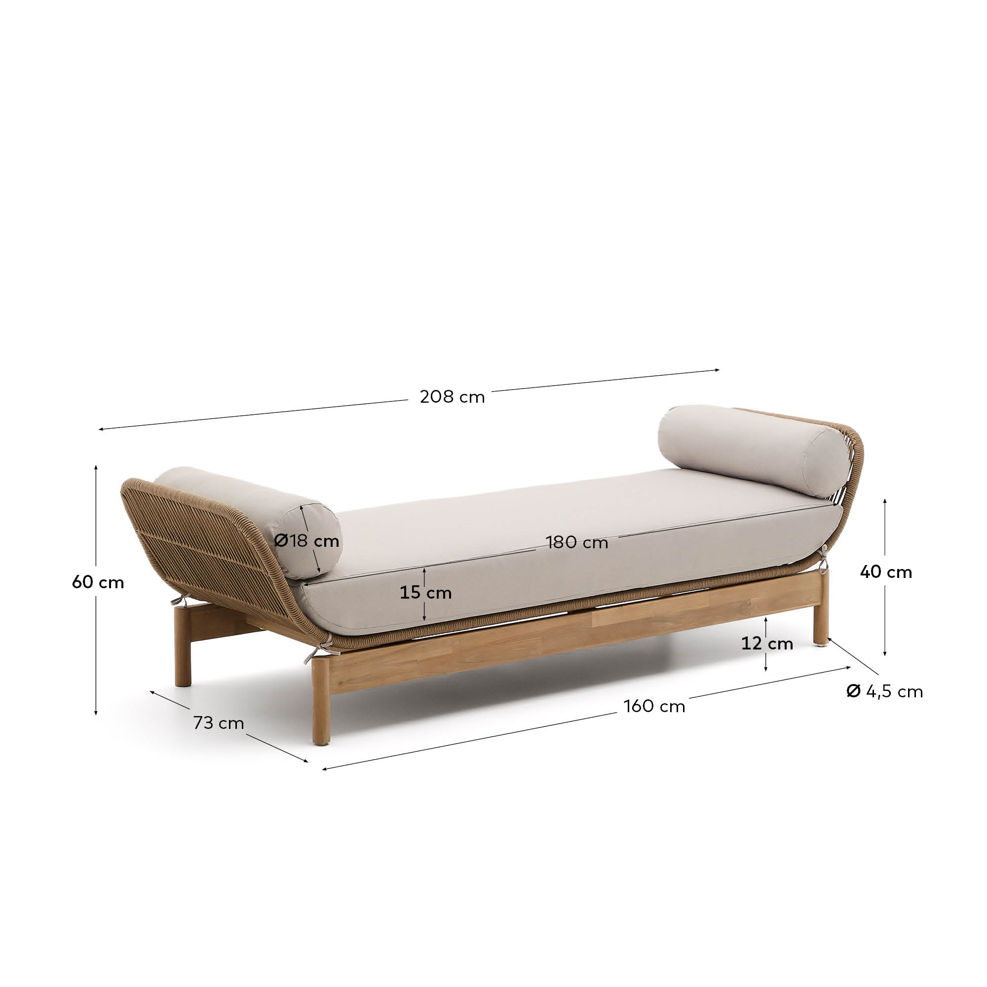 Elegantes Daybed aus Akazienholz und beigem Seil, ideal für stilvolle Entspannung im Freien.