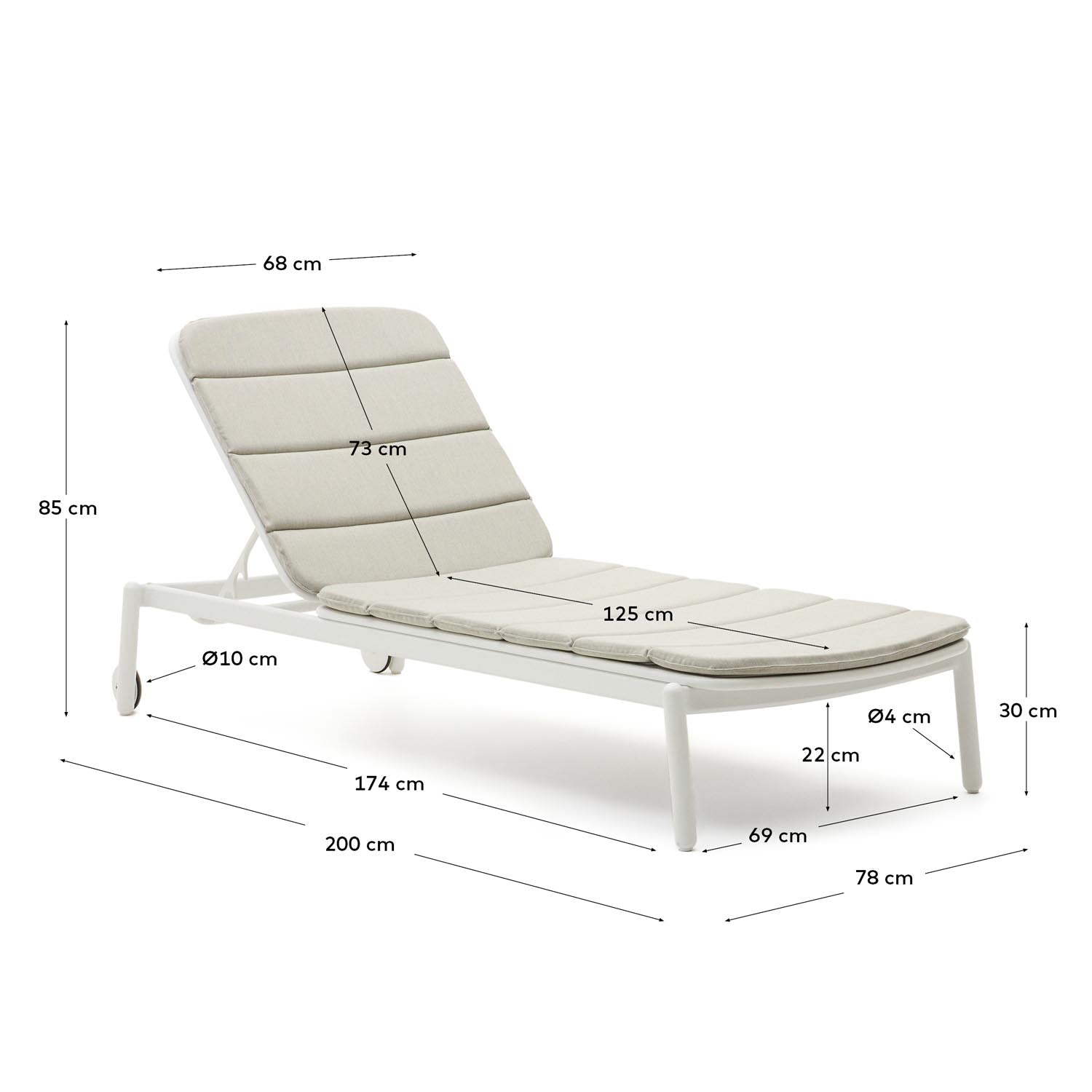 Elegante Marcona Sonnenliege aus Aluminium mit weißem Finish, verstellbarer Rückenlehne und Holzdetails für stilvollen Komfort.