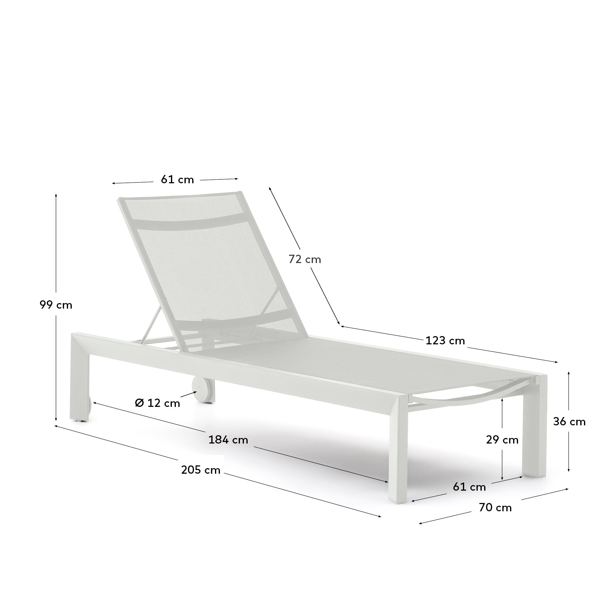 Eleganter Liegestuhl aus Aluminium mit weißem Finish, verstellbarer Rückenlehne und Texteline-Sitz für stilvollen Outdoor-Komfort.