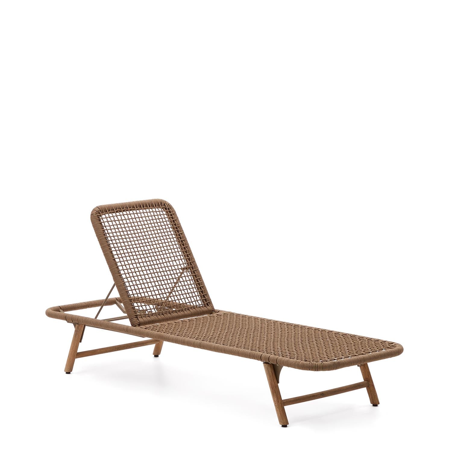 Elegante Sonnenliege Dandara: Stahlstruktur, beiges Flechtwerk, Akazienholzfüsse. Stilvoller Komfort für Garten und Terrasse.
