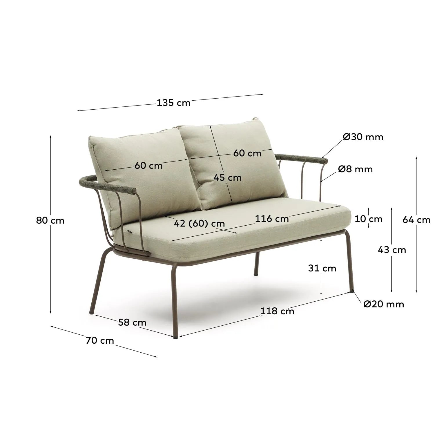 Salguer 2-Sitzer-Sofa aus grünem Seil und Stahl in Braun 134 cm in Braun, Beige, Grün präsentiert im Onlineshop von KAQTU Design AG. 2er Sofa ist von Kave Home