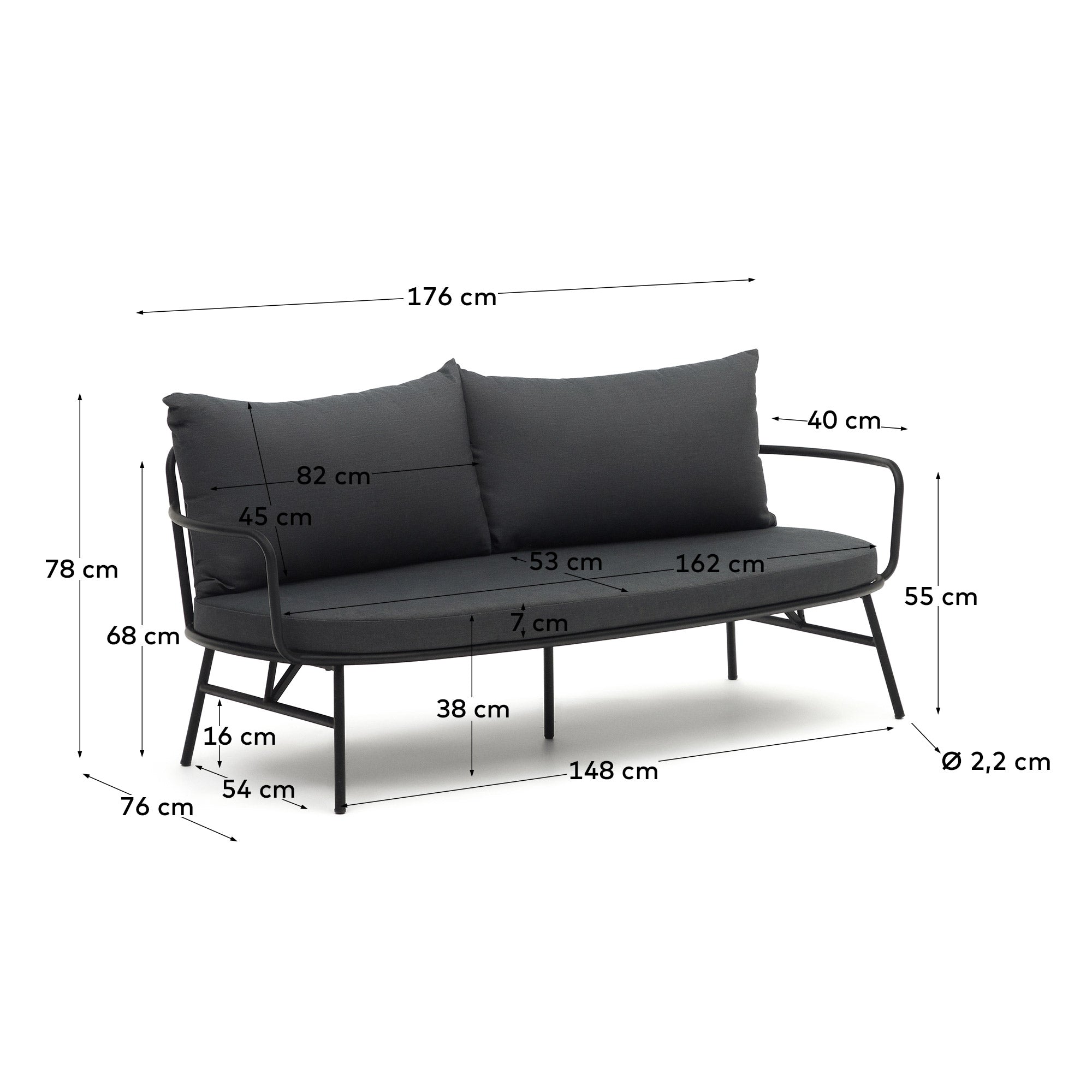 Elegantes 2-Sitzer-Sofa aus Stahl und Holz, ideal für stilvolle Außenbereiche. Robust, komfortabel und zeitlos.