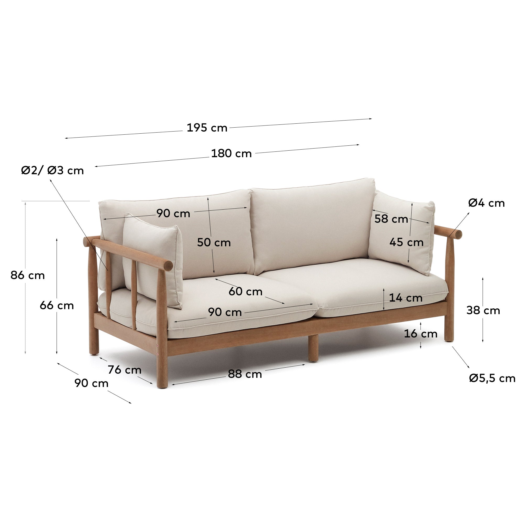 Elegantes 2-Sitzer-Sofa aus FSC-zertifiziertem Eukalyptusholz, ideal für stilvolle Outdoor-Bereiche.