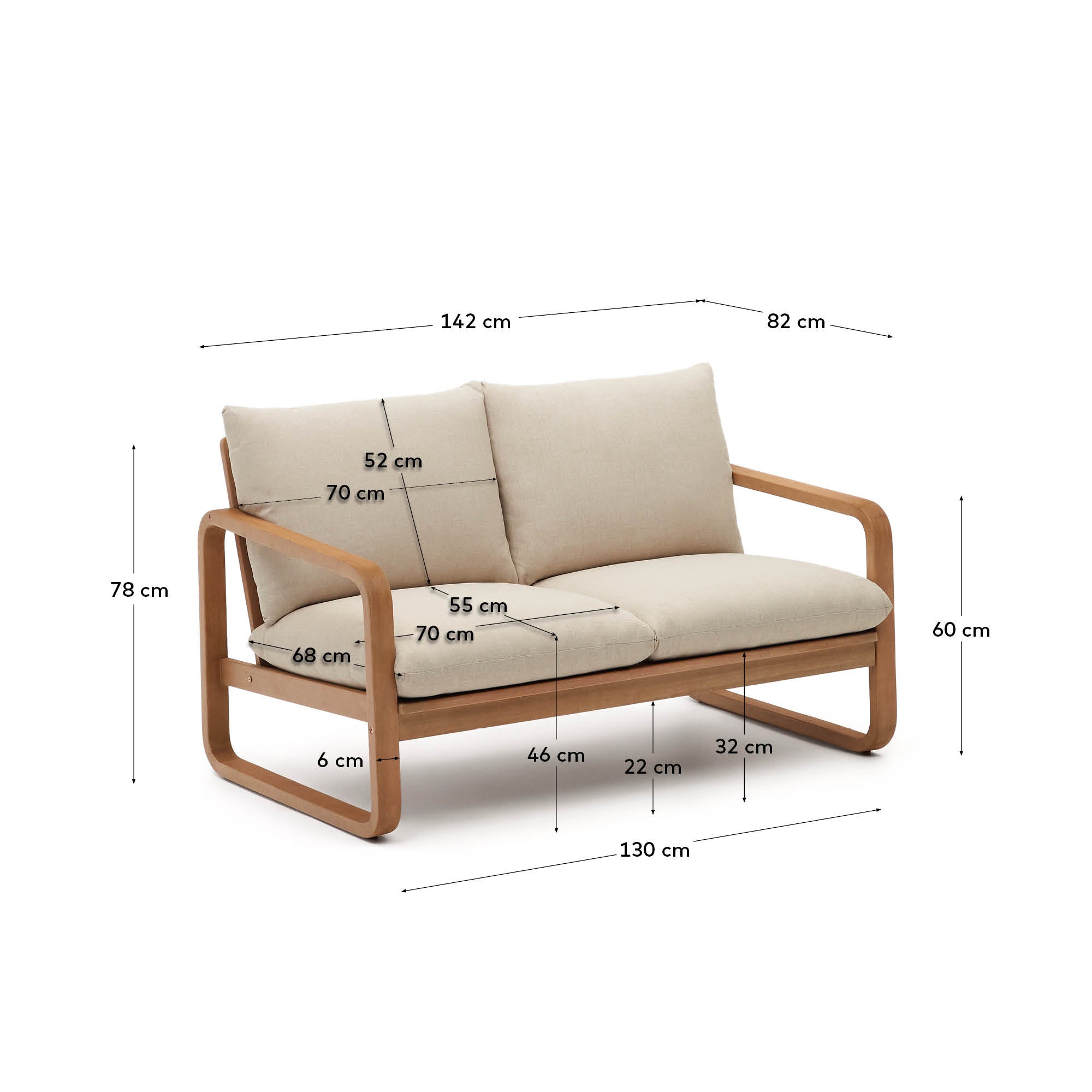 Genießen Sie stilvolle Momente im Freien mit dem Sacaleta 2-Sitzer-Sofa aus massivem, nachhaltigem Eukalyptusholz – perfekt für jeden Außenbereich.