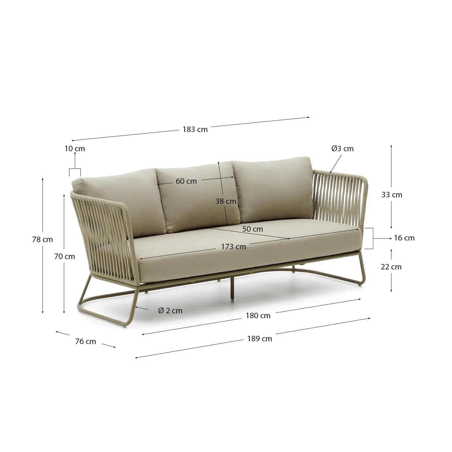 Elegantes 3-Sitzer-Sofa Saconca: Grünes Geflecht & Stahl, Outdoor-tauglich.