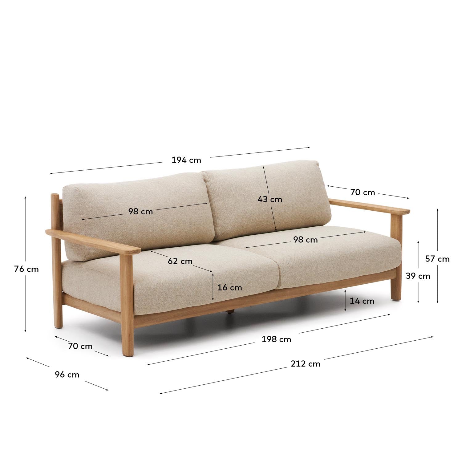 3-Sitzer-Sofa aus FSC-zertifiziertem Teakholz, 212 cm, vereint Stil und Nachhaltigkeit für moderne Wohnräume.