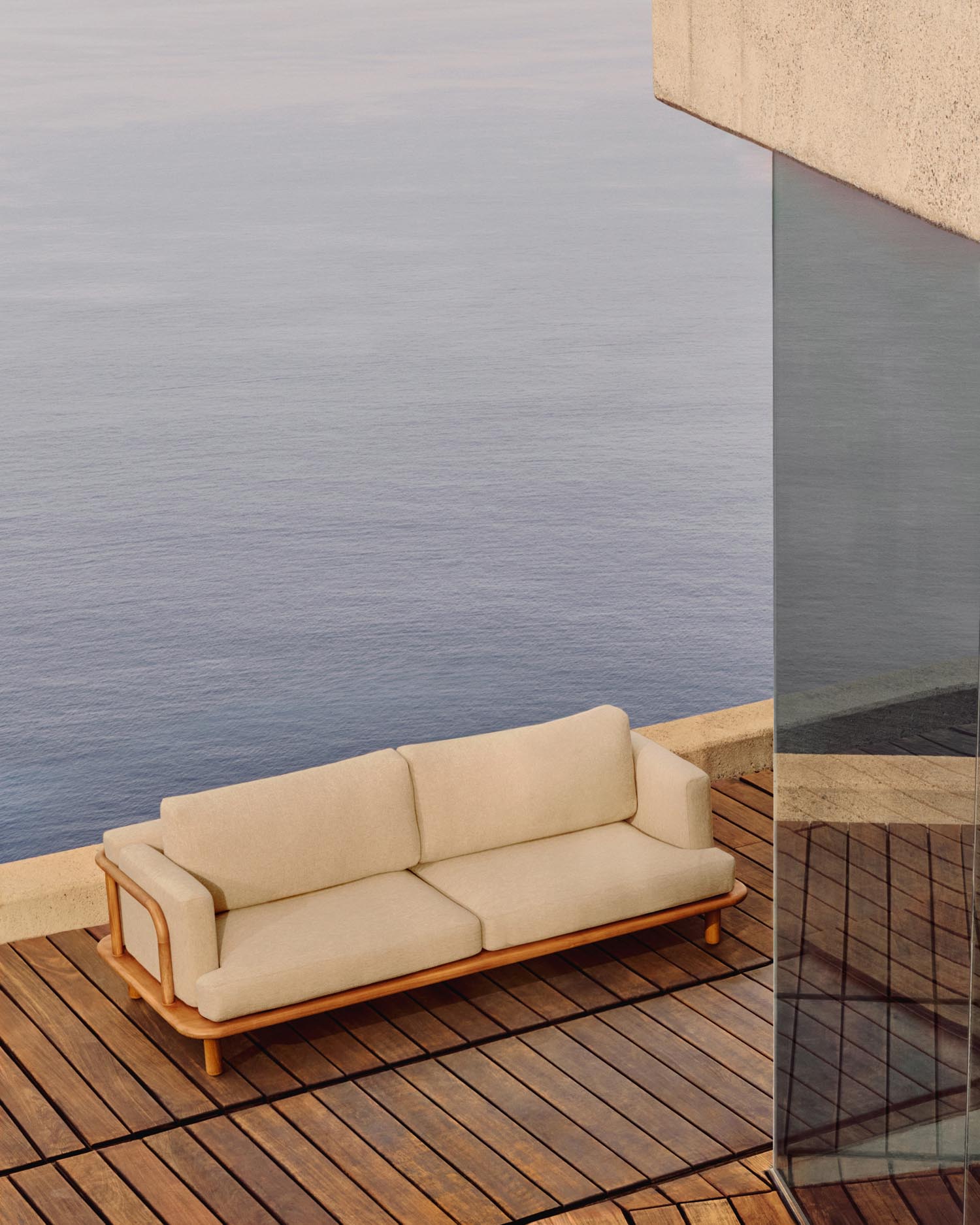 Elegantes 3-Sitzer-Sofa aus FSC-Teakholz, ideal für stilvolle Outdoor-Entspannung.