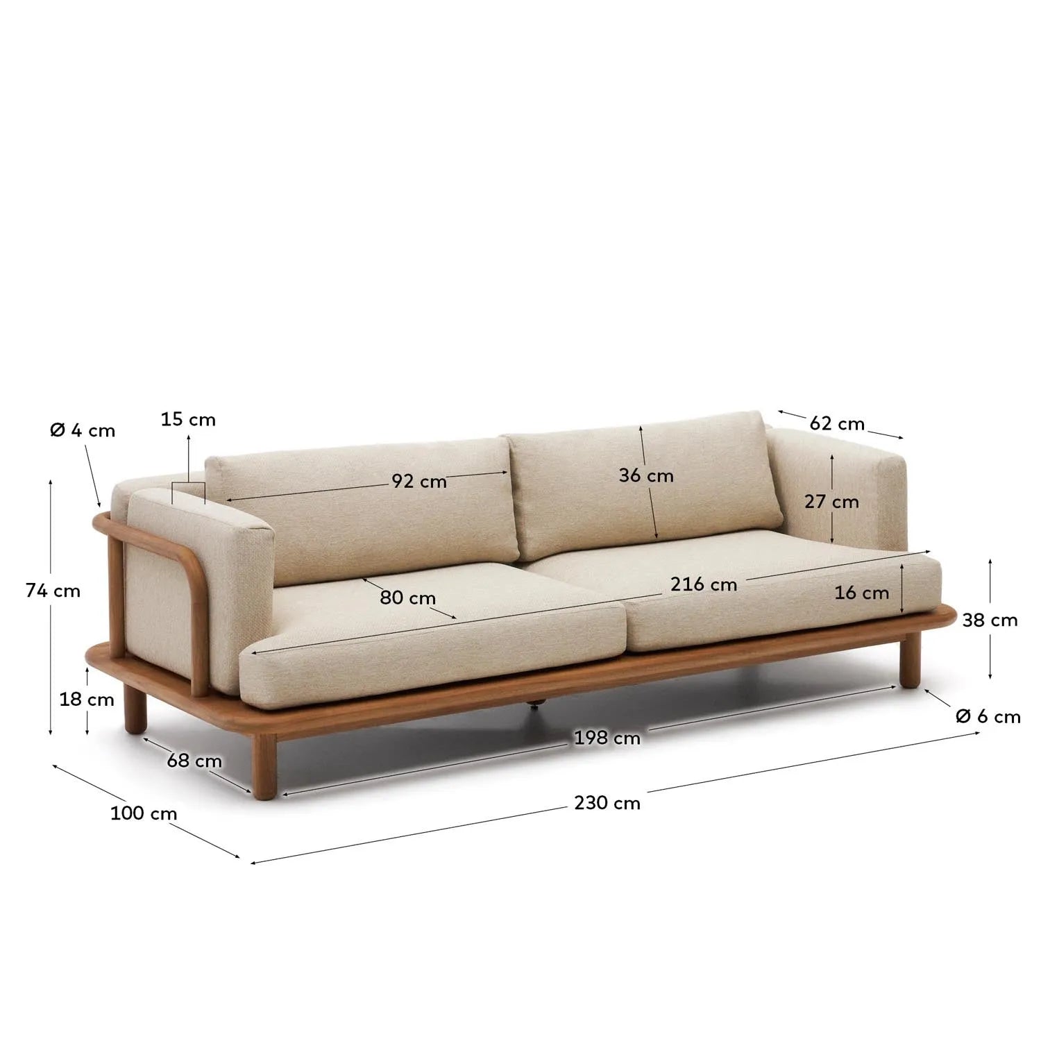 Elegantes 3-Sitzer-Sofa aus FSC-zertifiziertem Teakholz, 230 cm breit, ideal für stilvolle und nachhaltige Wohnbereiche.