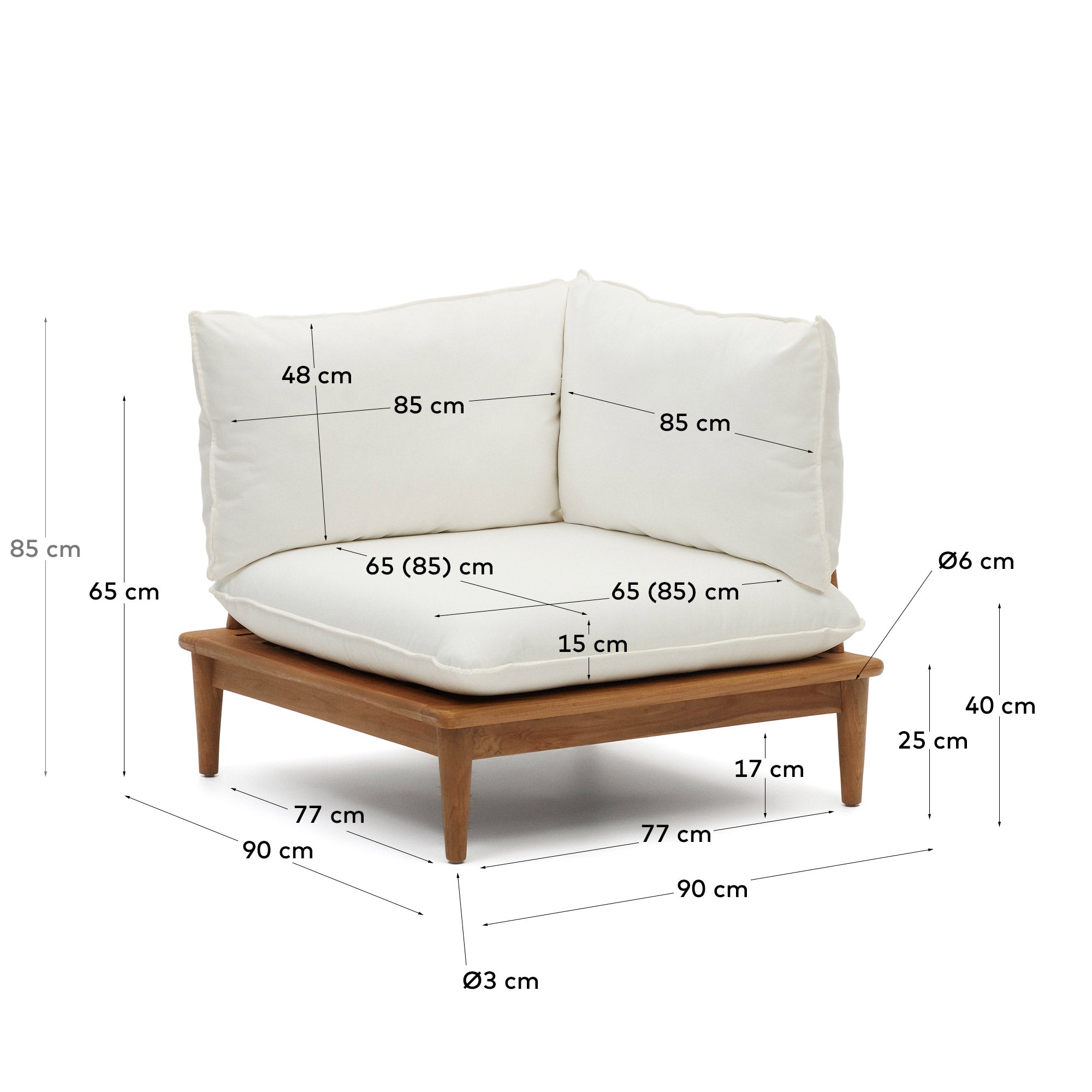 Eleganter Ecksessel aus massivem Teakholz, modular und wetterfest, ideal für stilvolle Outdoor-Gestaltung.