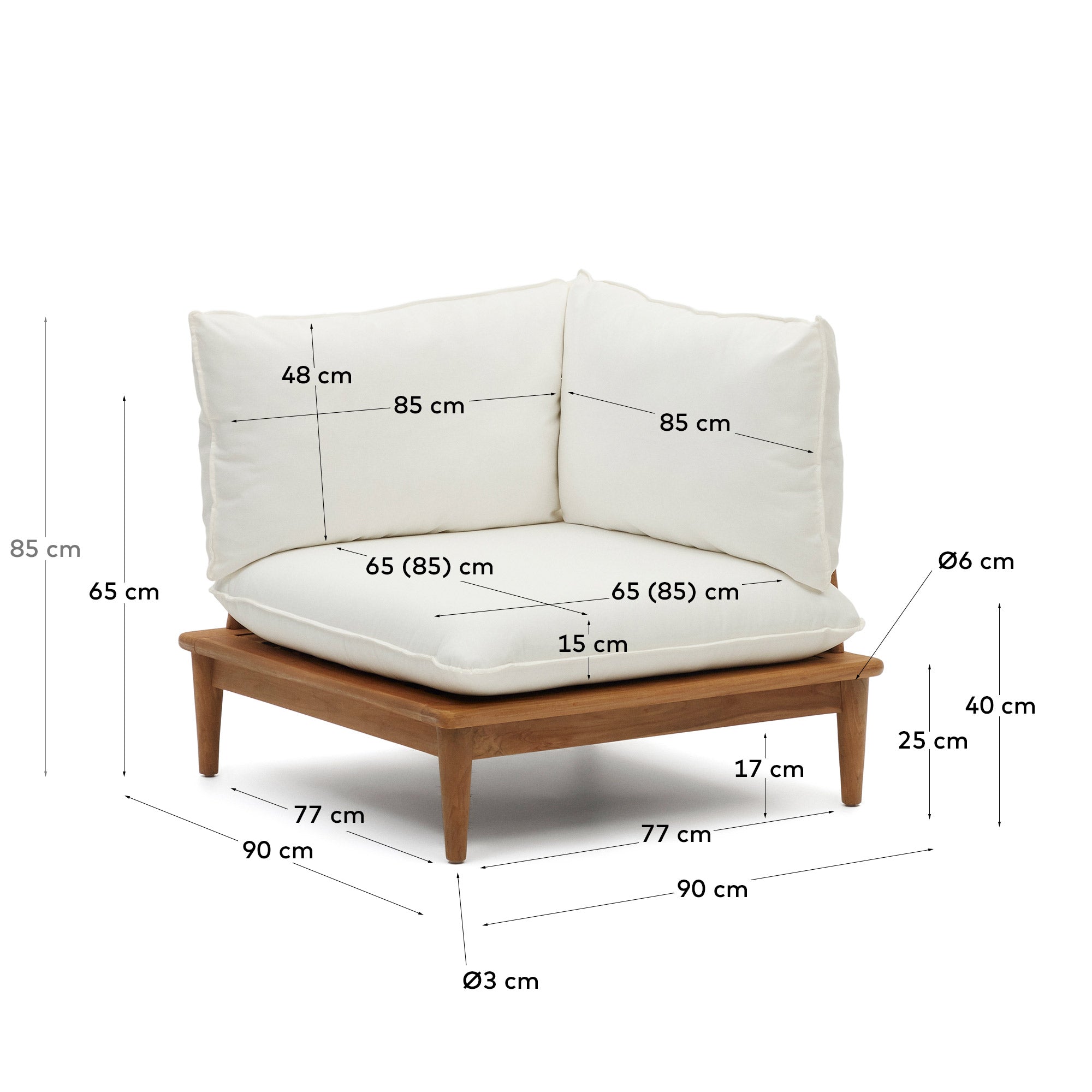 Ecksessel aus massivem Teakholz, modular und wetterfest, perfekt für den Außenbereich, modernes Design von Kave Home.