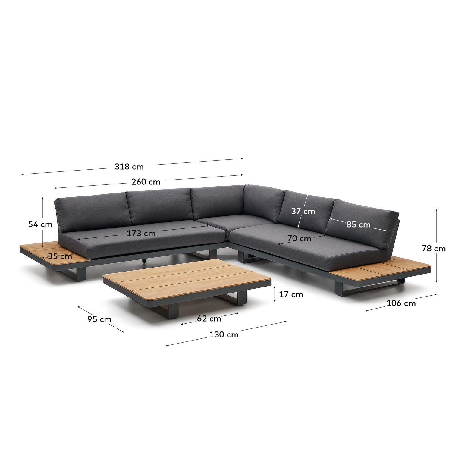 Elegantes Ecksofa-Set für 5 Personen aus Aluminium und FSC-Teakholz mit Tisch, perfekt für moderne Außenbereiche.