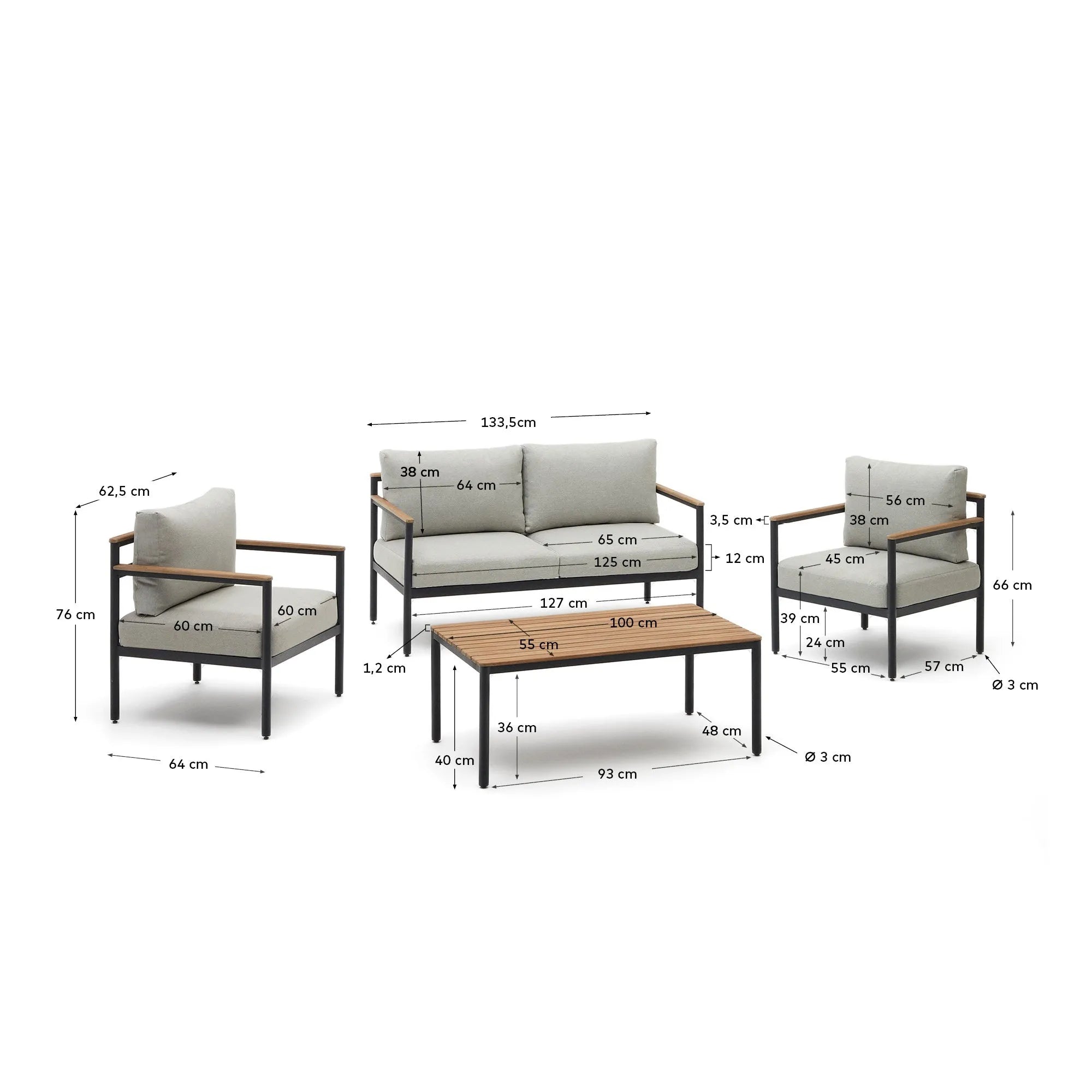 Elegantes Outdoor-Set: 2-Sitzer, 2 Sessel, Couchtisch aus Alu und FSC-Akazienholz für stilvolle Entspannung im Freien.