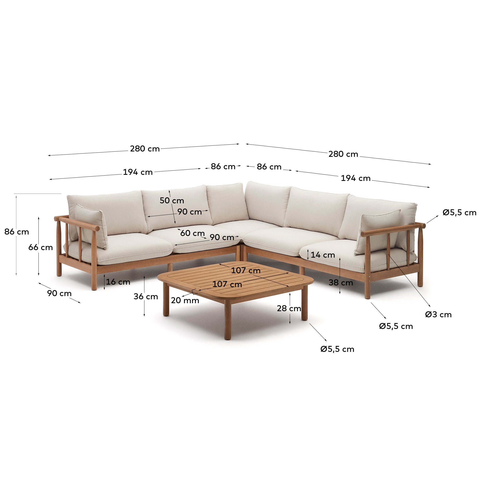 Das Sacova Set: Ecksofa und Couchtisch aus FSC-zertifiziertem Eukalyptusholz, perfekt für elegante und umweltfreundliche Terrassen.