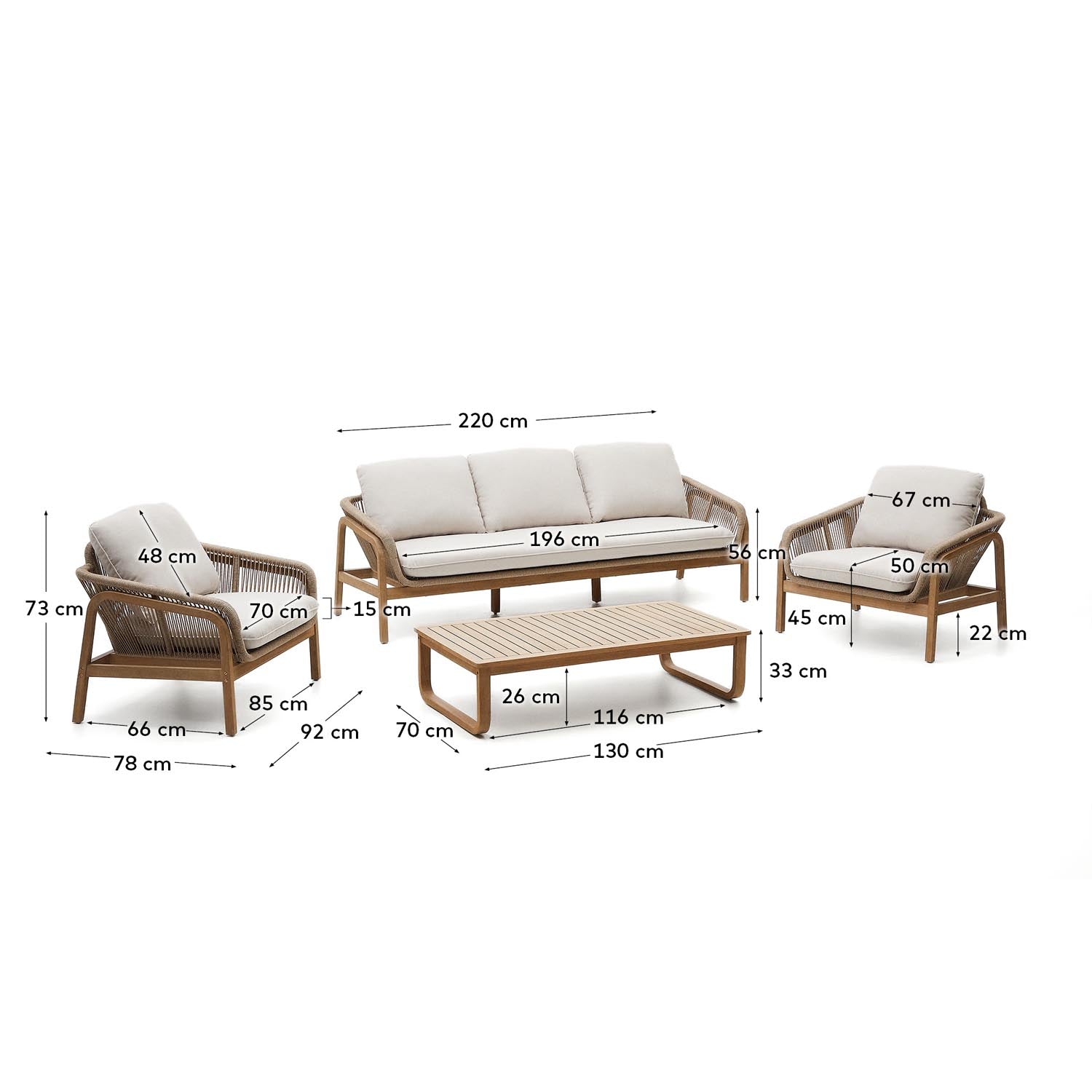 Vellana Set aus 3-Sitzer-Sofa, 2 Sesseln und Couchtisch aus massivem Akazienholz FSC 100% in Ecru, Beige, Natur, Weiß präsentiert im Onlineshop von KAQTU Design AG. 3er Sofa ist von Kave Home