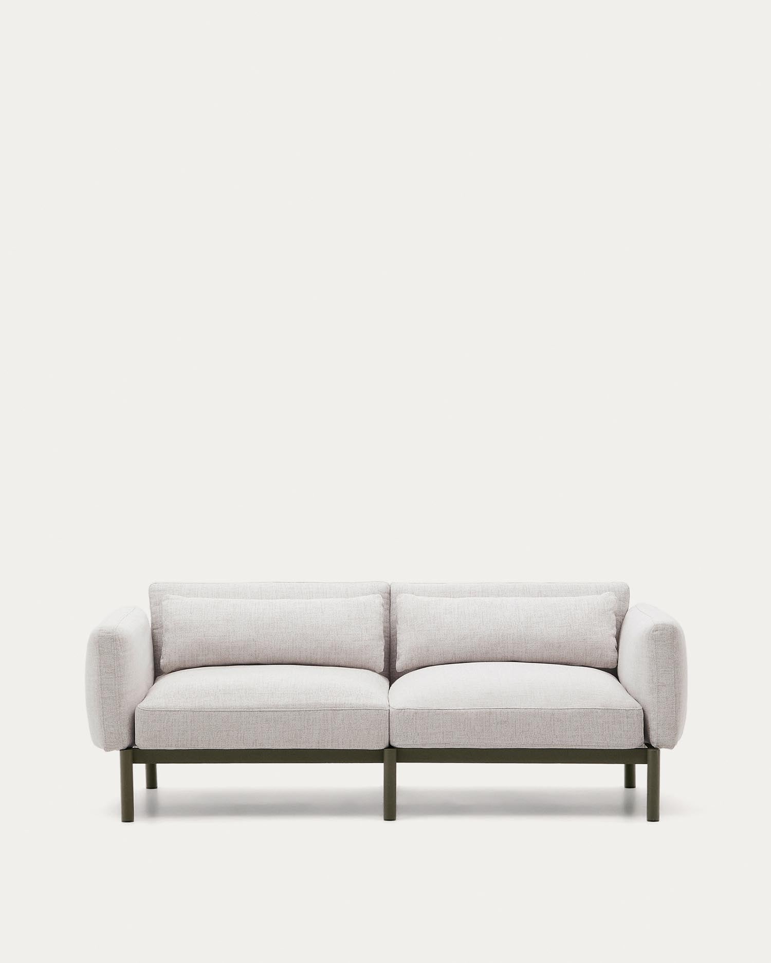 Elegantes 2-Sitzer-Sofa Sorells aus grünem Aluminium, modular und wetterfest, perfekt für stilvolle Außenbereiche.