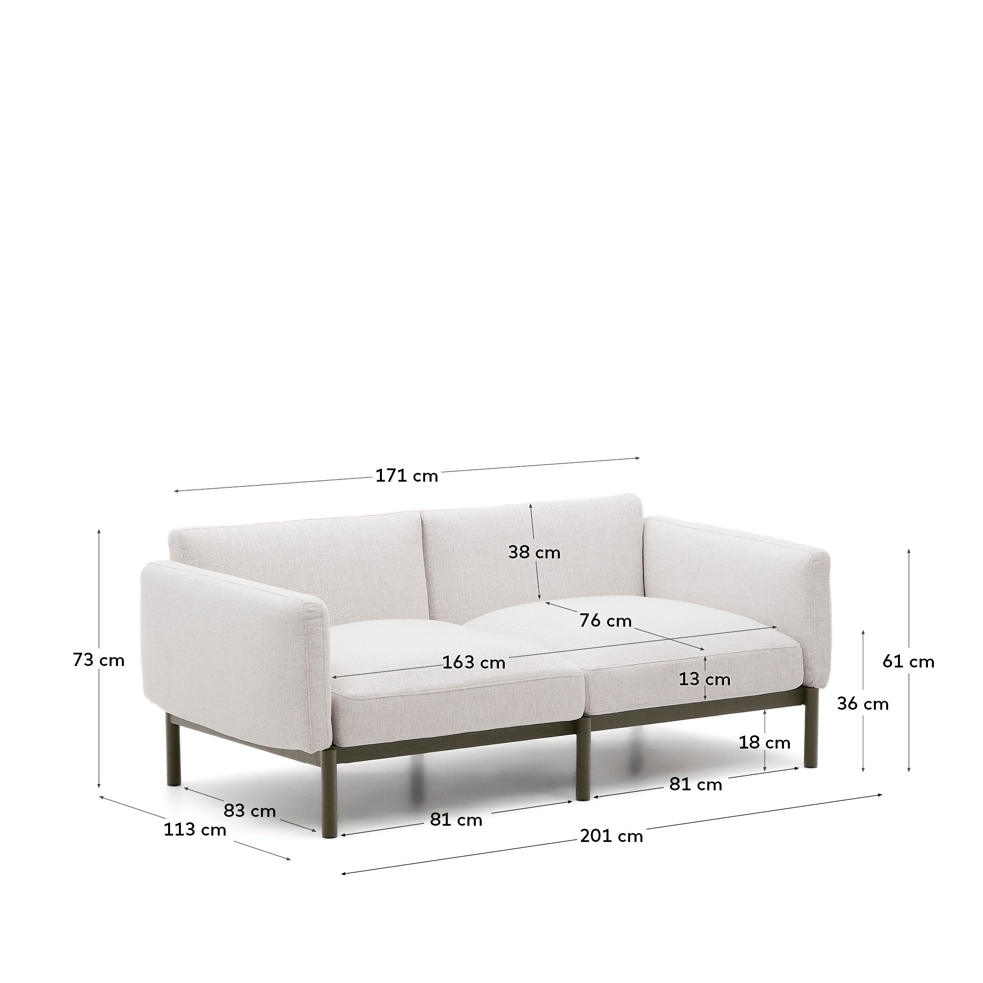 Modulares 2-Sitzer-Sofa Sorells aus grünem Aluminium, wetterfest und stilvoll, ideal für moderne Außenbereiche.