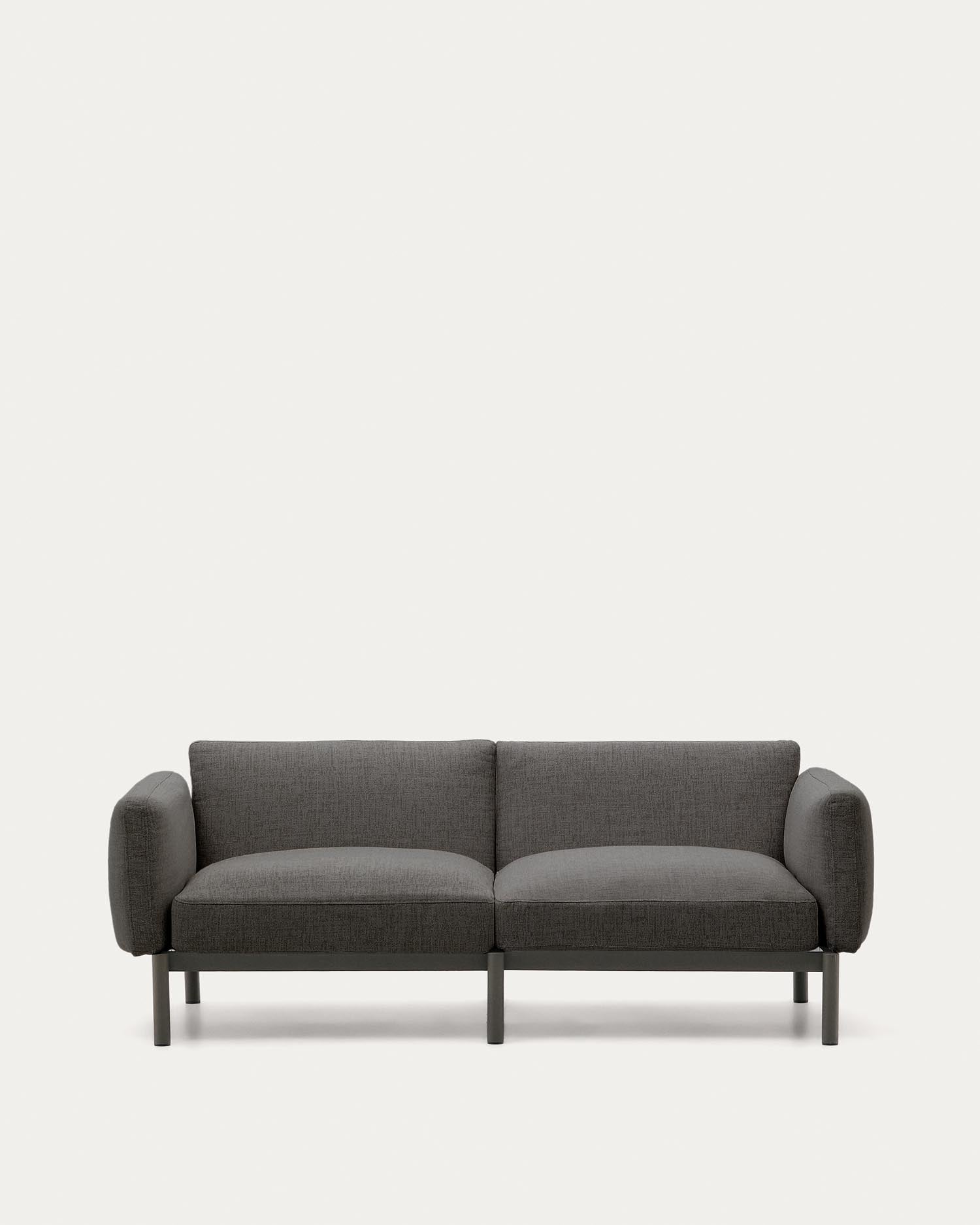 Modulares 2-Sitzer-Sofa Sorells aus grauem Aluminium: stilvoll, langlebig, flexibel und pflegeleicht für Ihren Aussenbereich.