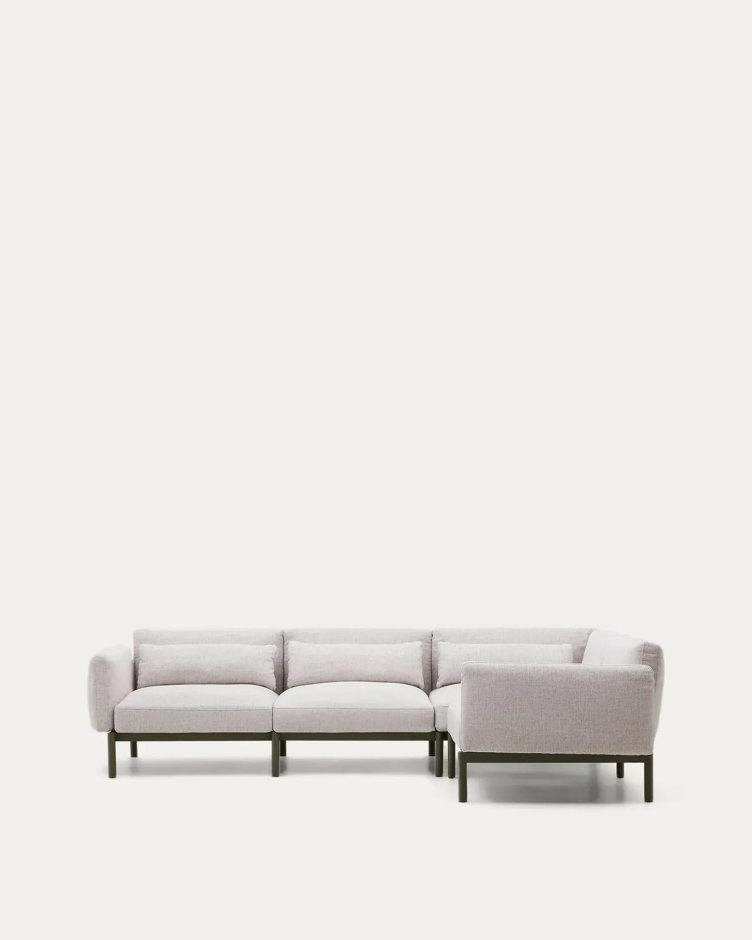 Modulares Outdoor-Ecksofa für 5 Personen, beige Polster, grüner Aluminiumrahmen, stilvoll und komfortabel für den Außenbereich.