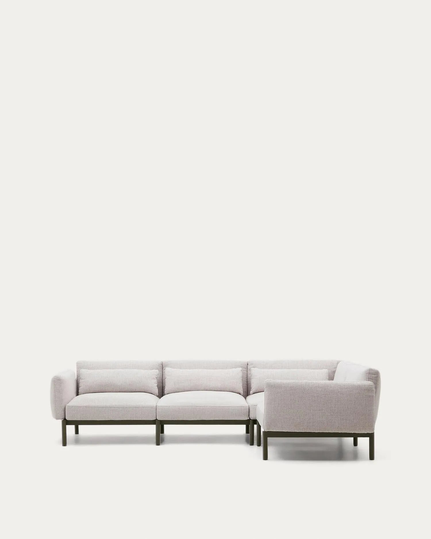 Elegantes modulares Ecksofa für 5 Personen, beige Polster, grüner Aluminiumrahmen, perfekt für stilvolle Outdoor-Bereiche.